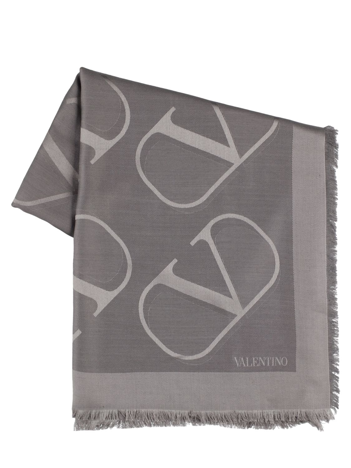 Valentino V Logo真丝&羊毛围巾 In Grey