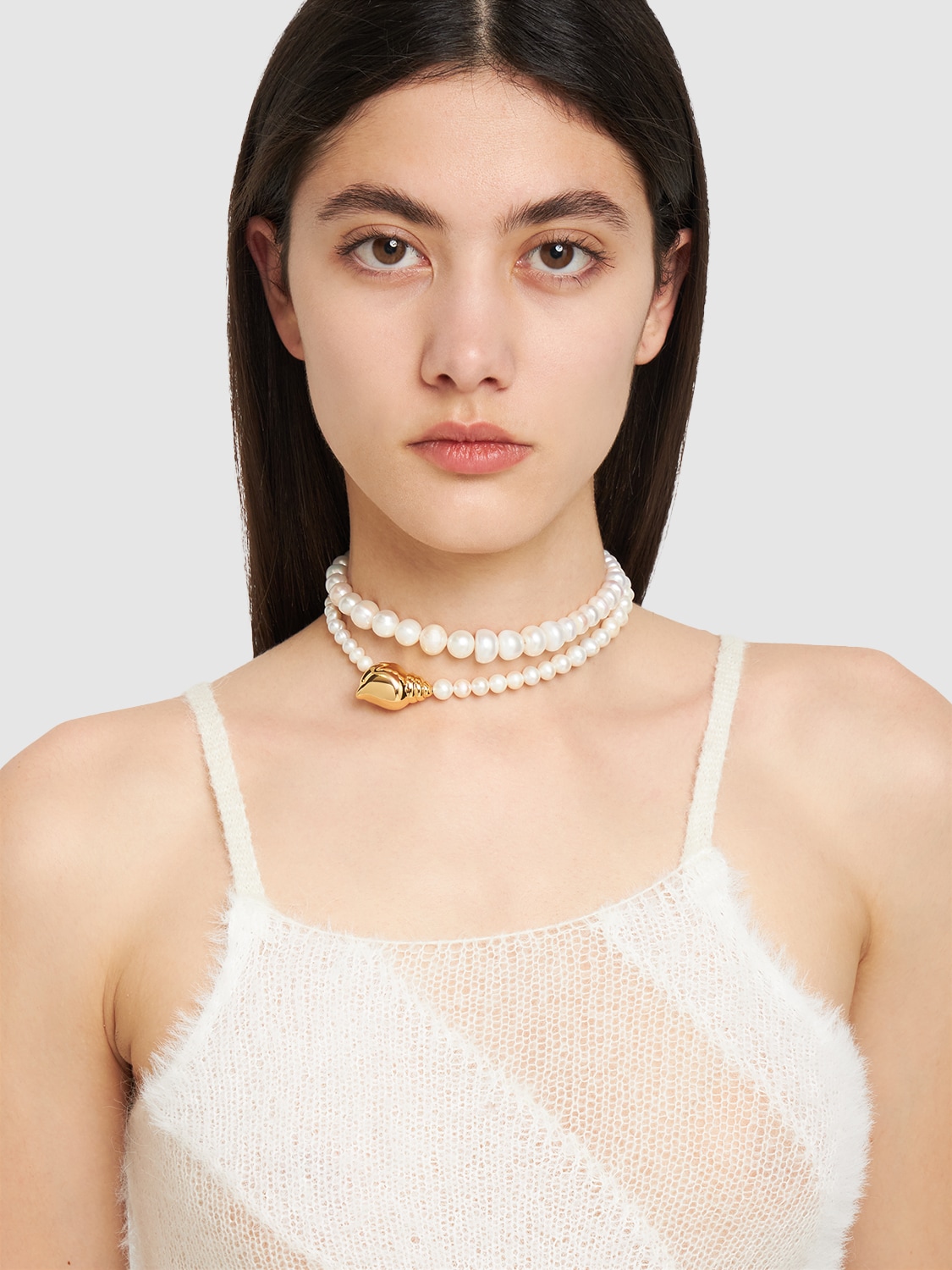 Shop Timeless Pearly Shell Charm Double Wrap Pearl Necklace In 珍珠色,金色