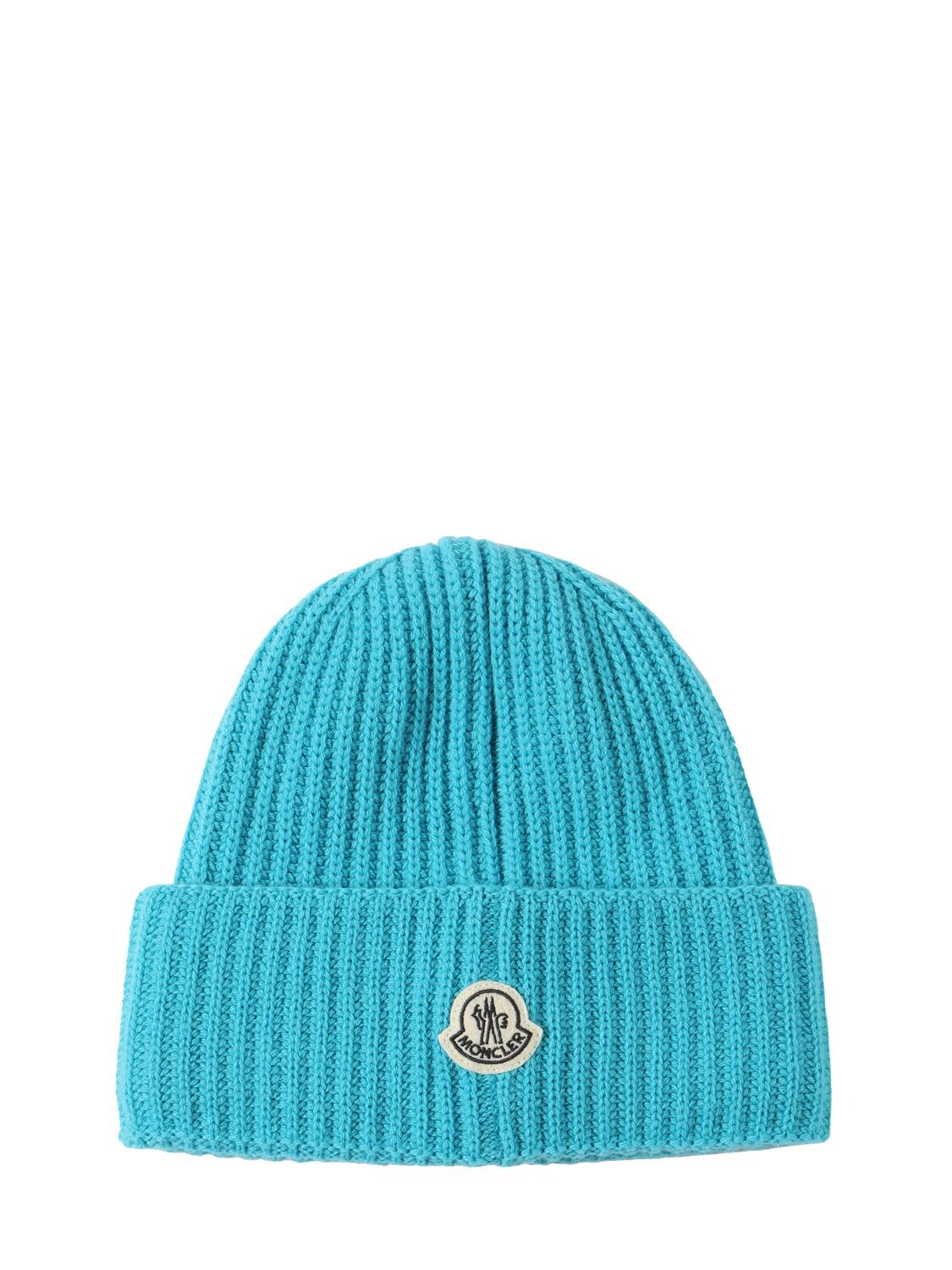 Shop Moncler Genius Moncler X Frgmt Logo Wool Rib Beanie Hat In Bright Blue