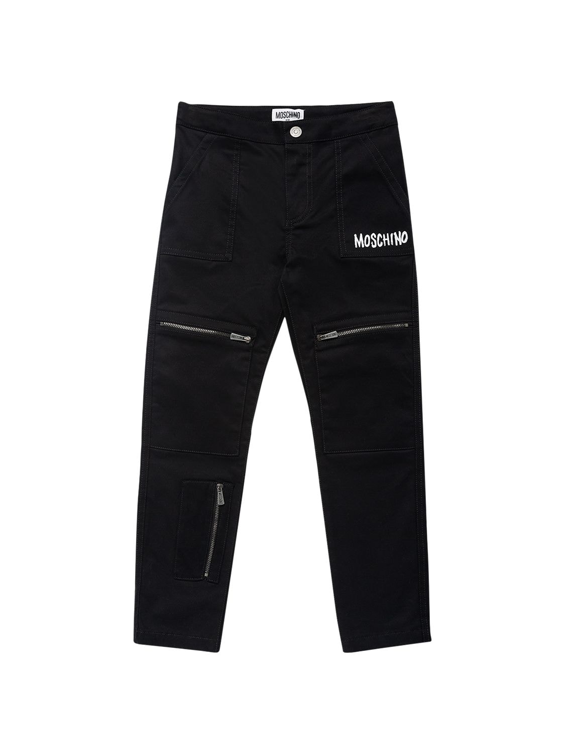 Moschino Kids' Logo Print Cotton Cargo Trousers In Black