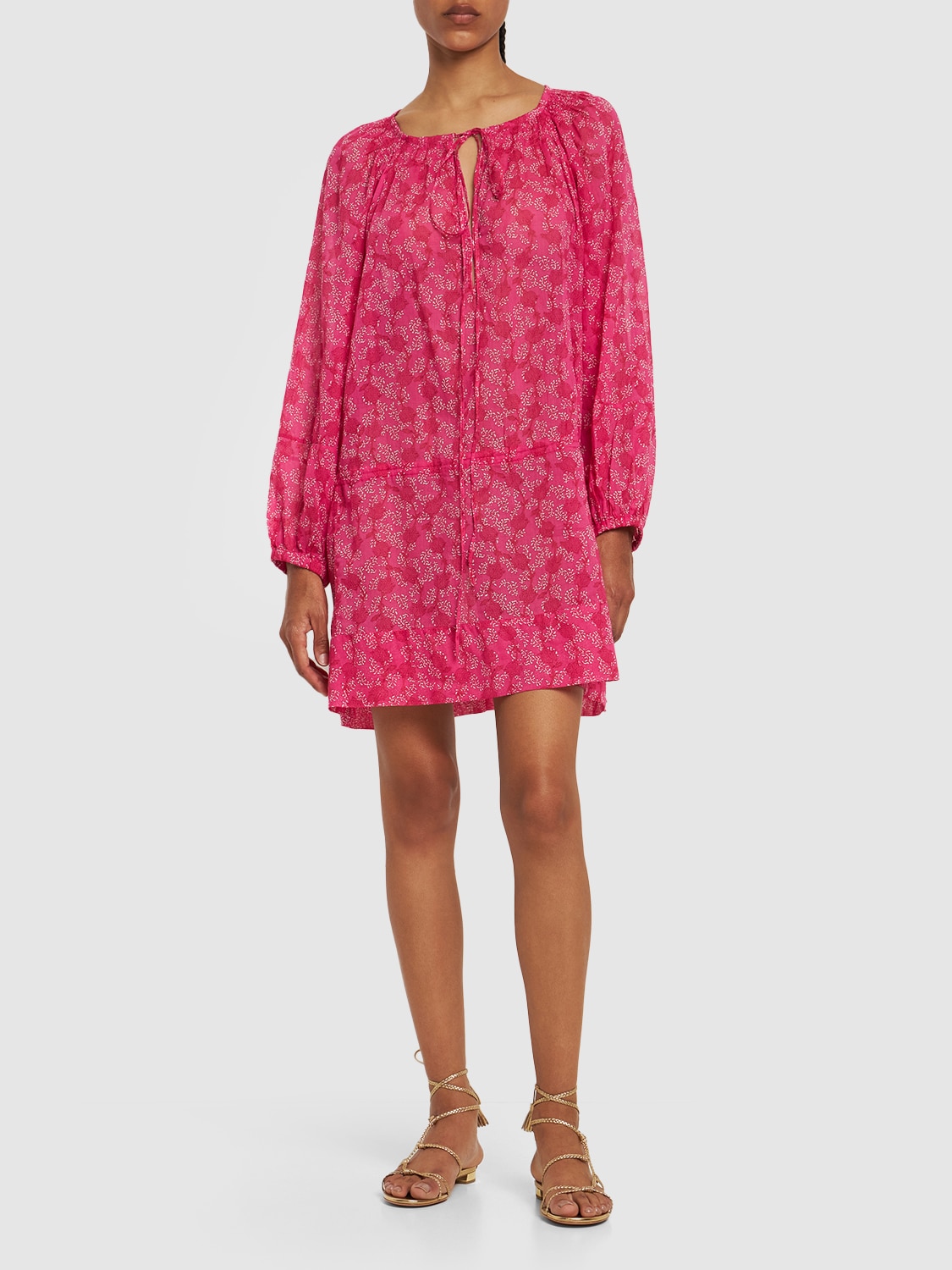 Shop Marant Etoile Parsley Print Self-tie Cotton Mini Dress In Fuchsia,multi