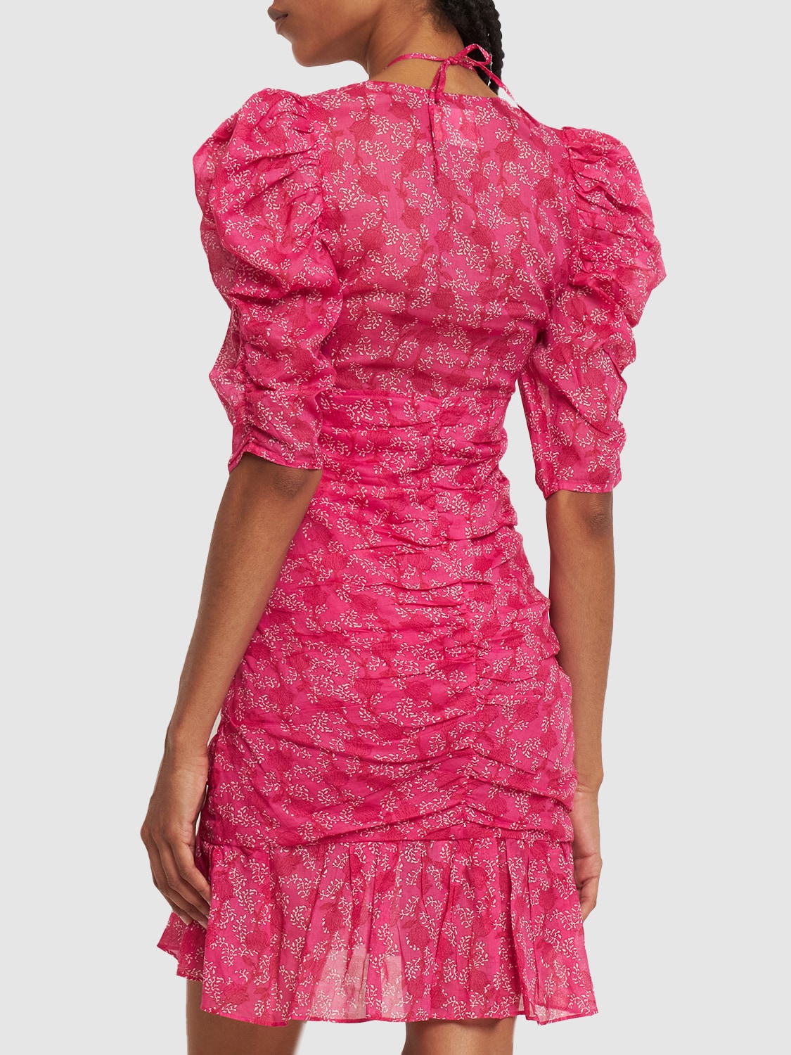 Shop Marant Etoile Galdino Puff Sleeve Cotton Mini Dress In Fuchsia,multi