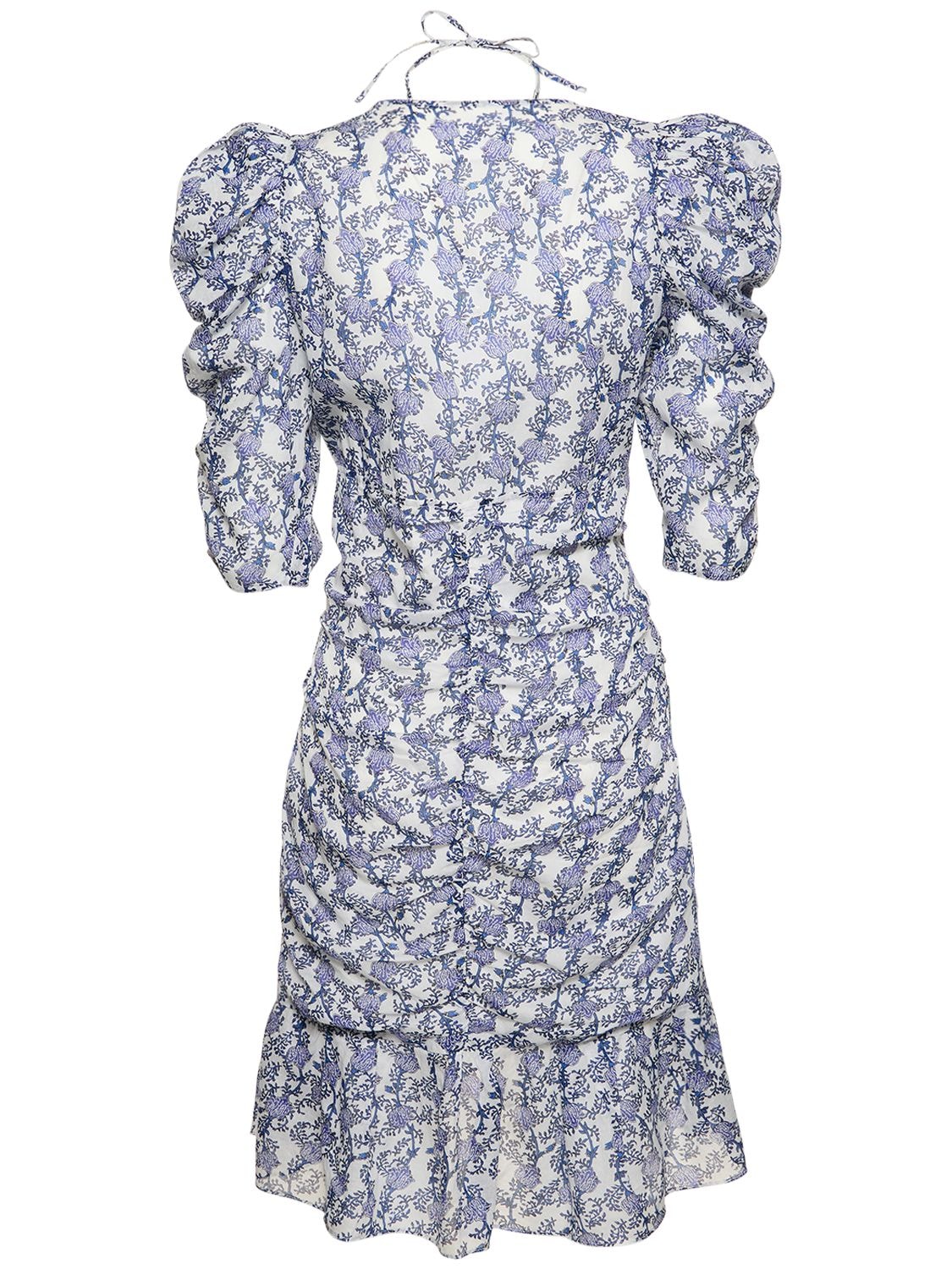 Shop Marant Etoile Galdino Puff Sleeve Cotton Mini Dress In Blue,multi