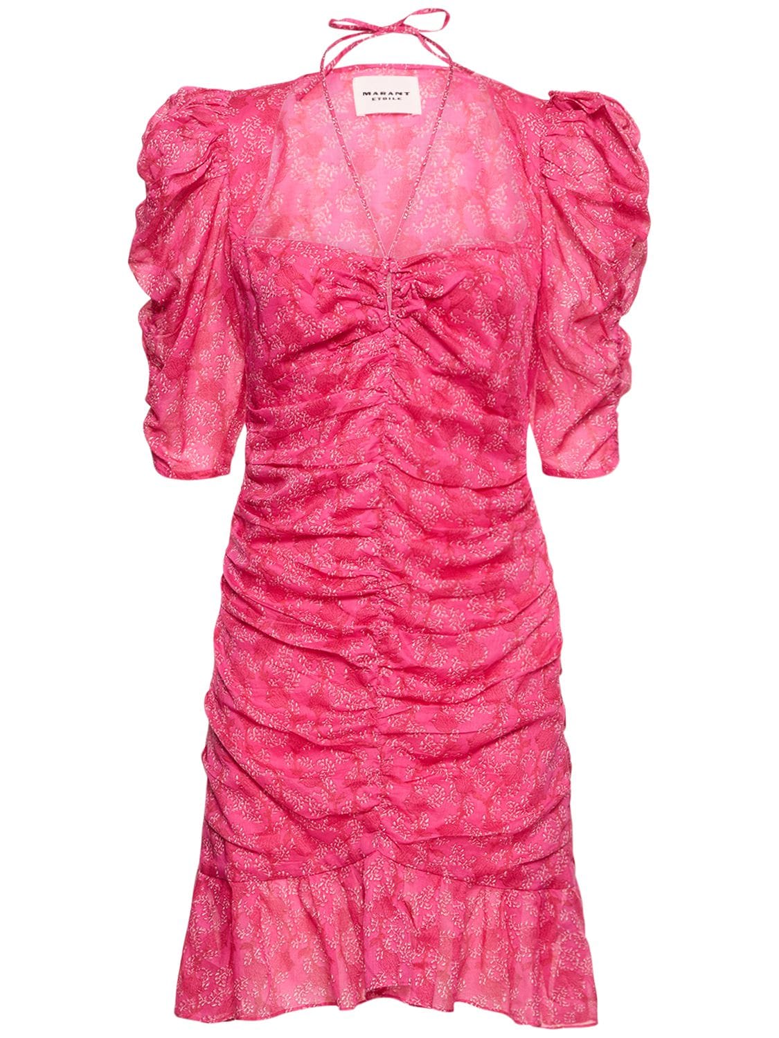 Marant Etoile Galdino Puff Sleeve Cotton Mini Dress In Fuchsia,multi