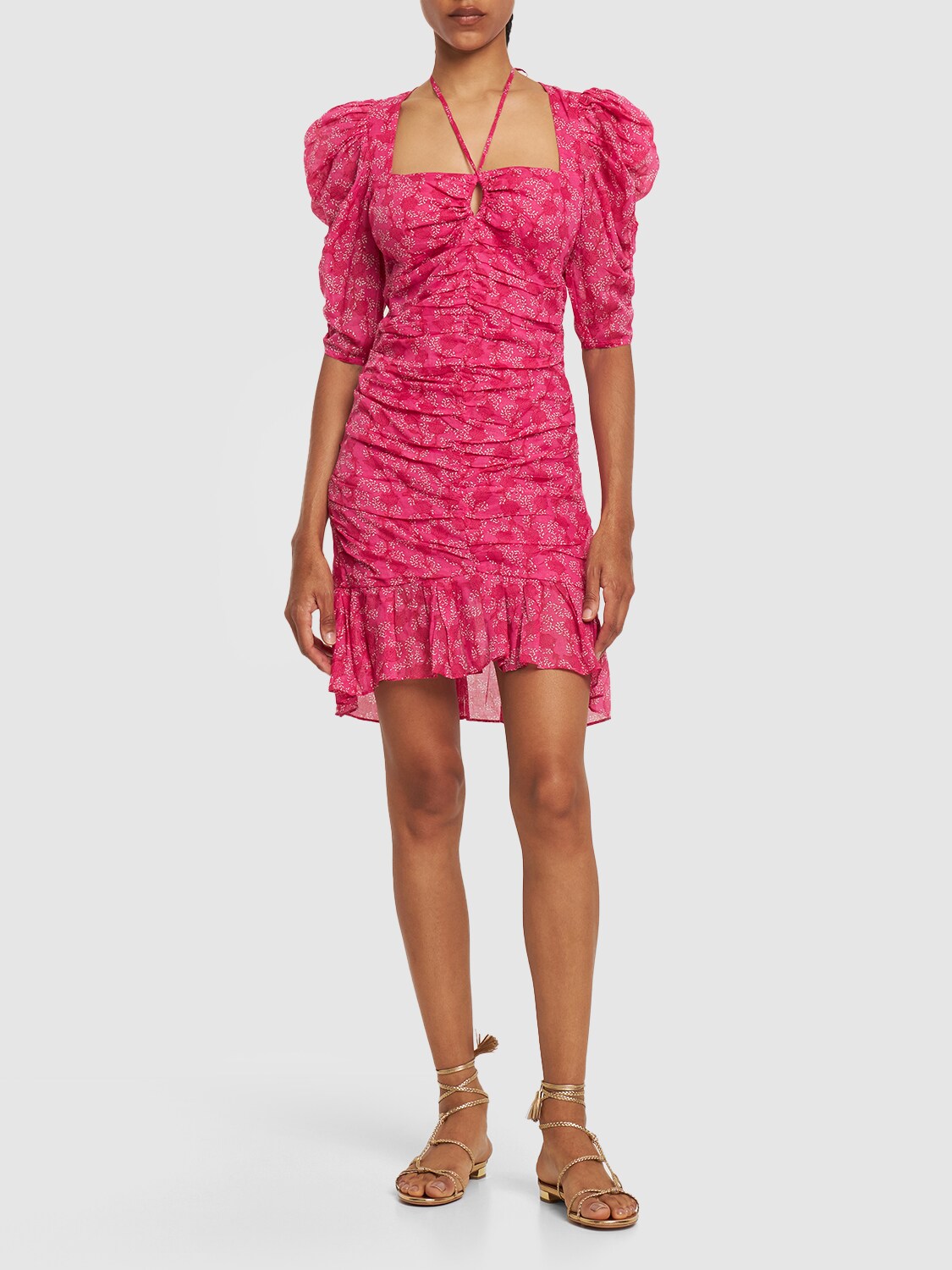 Shop Marant Etoile Galdino Puff Sleeve Cotton Mini Dress In Fuchsia,multi