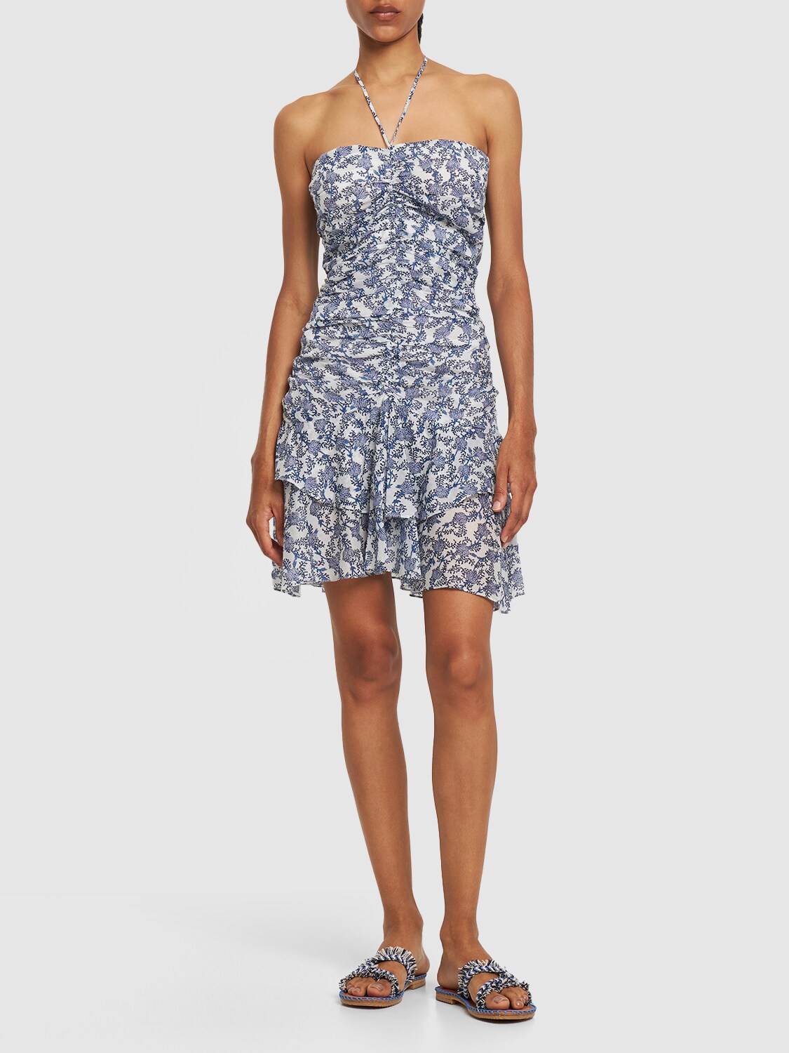 Shop Marant Etoile Ilanka Floral Cotton Mini Halter Dress In Blue,multi