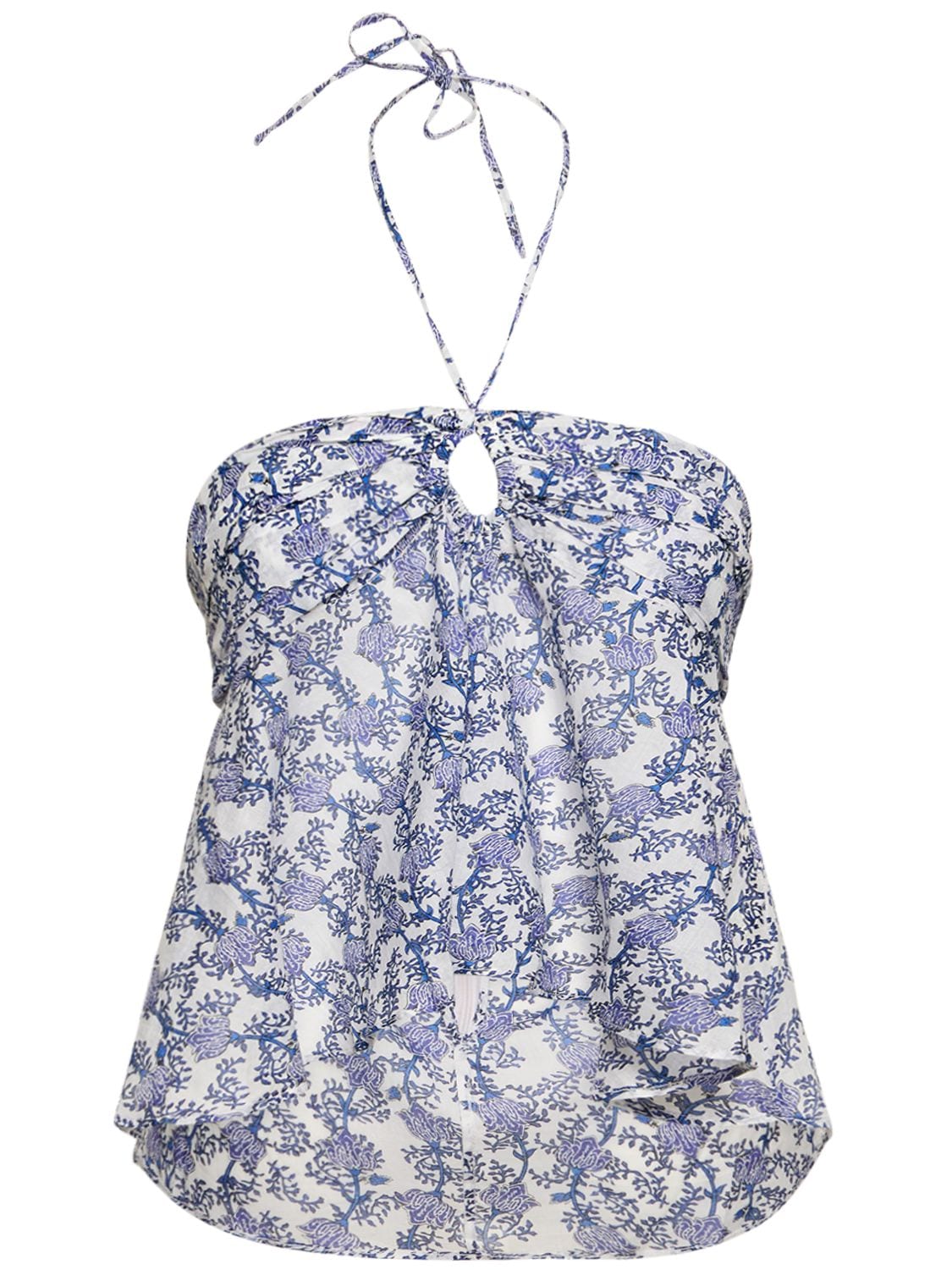 Marant Etoile Gabao Floral Print Cotton Top W/ Ruffles In Blue,multi