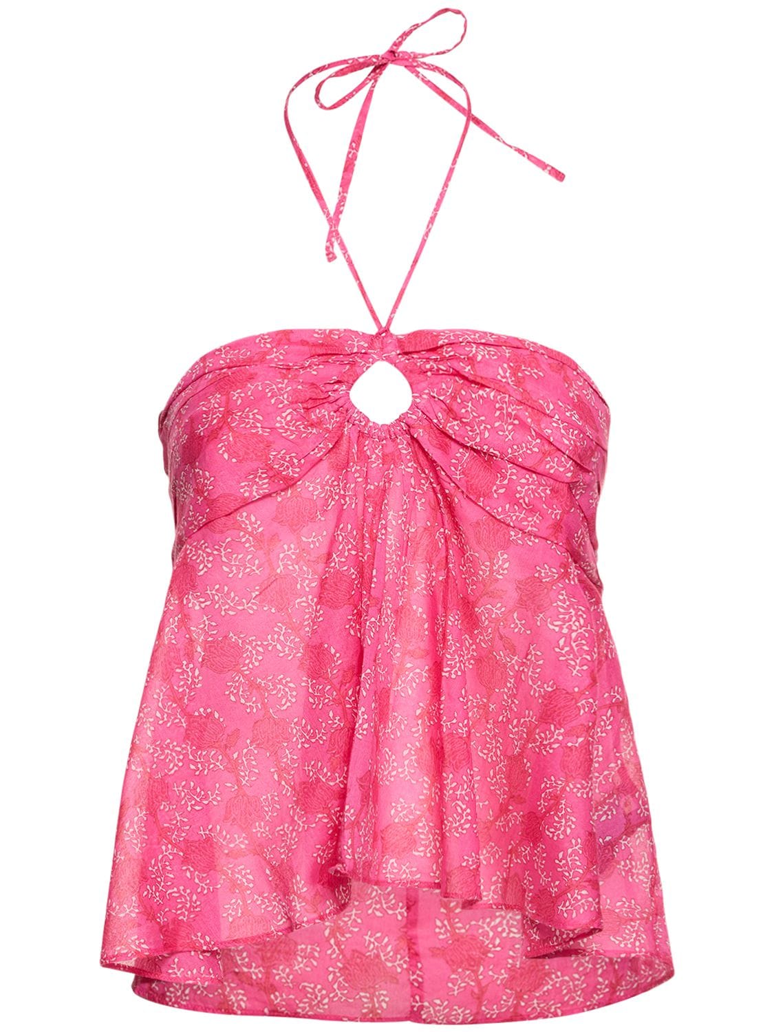 Marant Etoile Gabao Floral Print Cotton Top W/ Ruffles In Fuchsia,multi