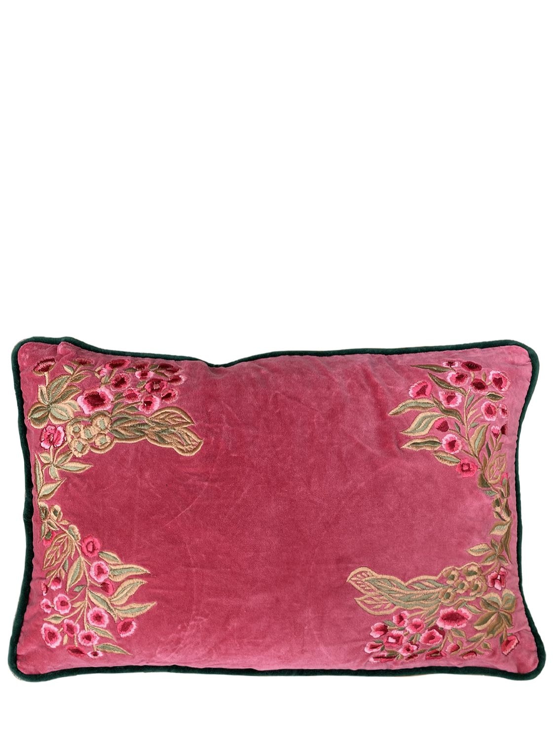Les Ottomans Embroidered Velvet Cushion In Pink
