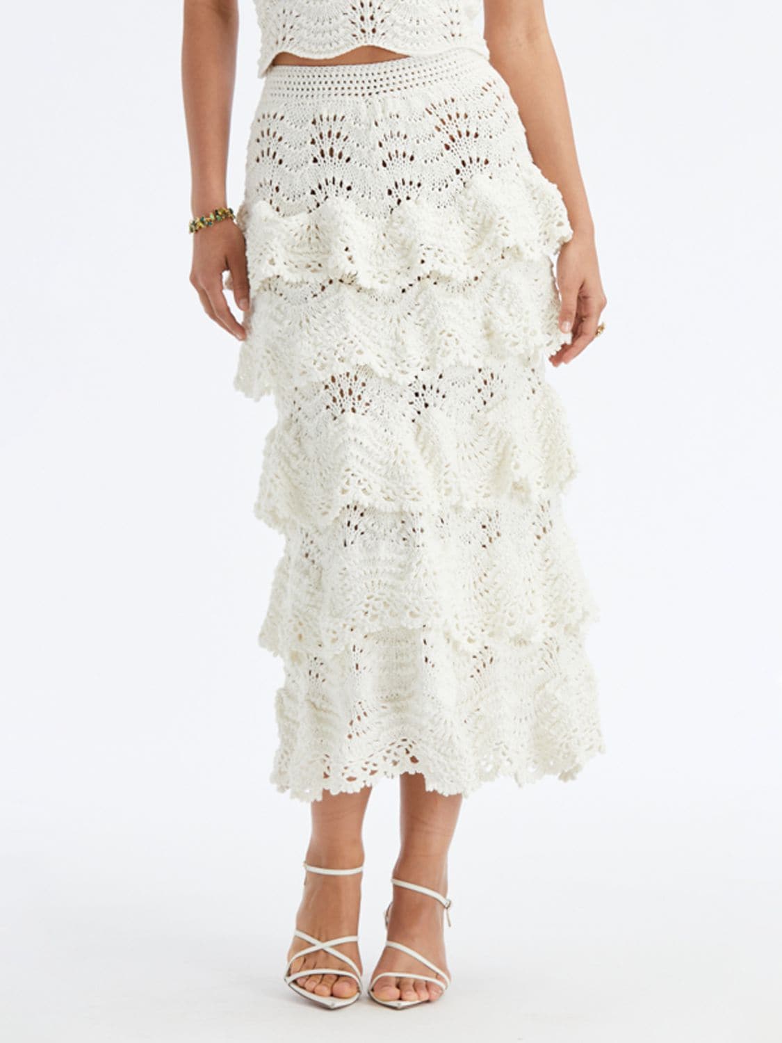 Shop Oscar De La Renta Scalloped Cotton Crochet Midi Skirt In Ivory