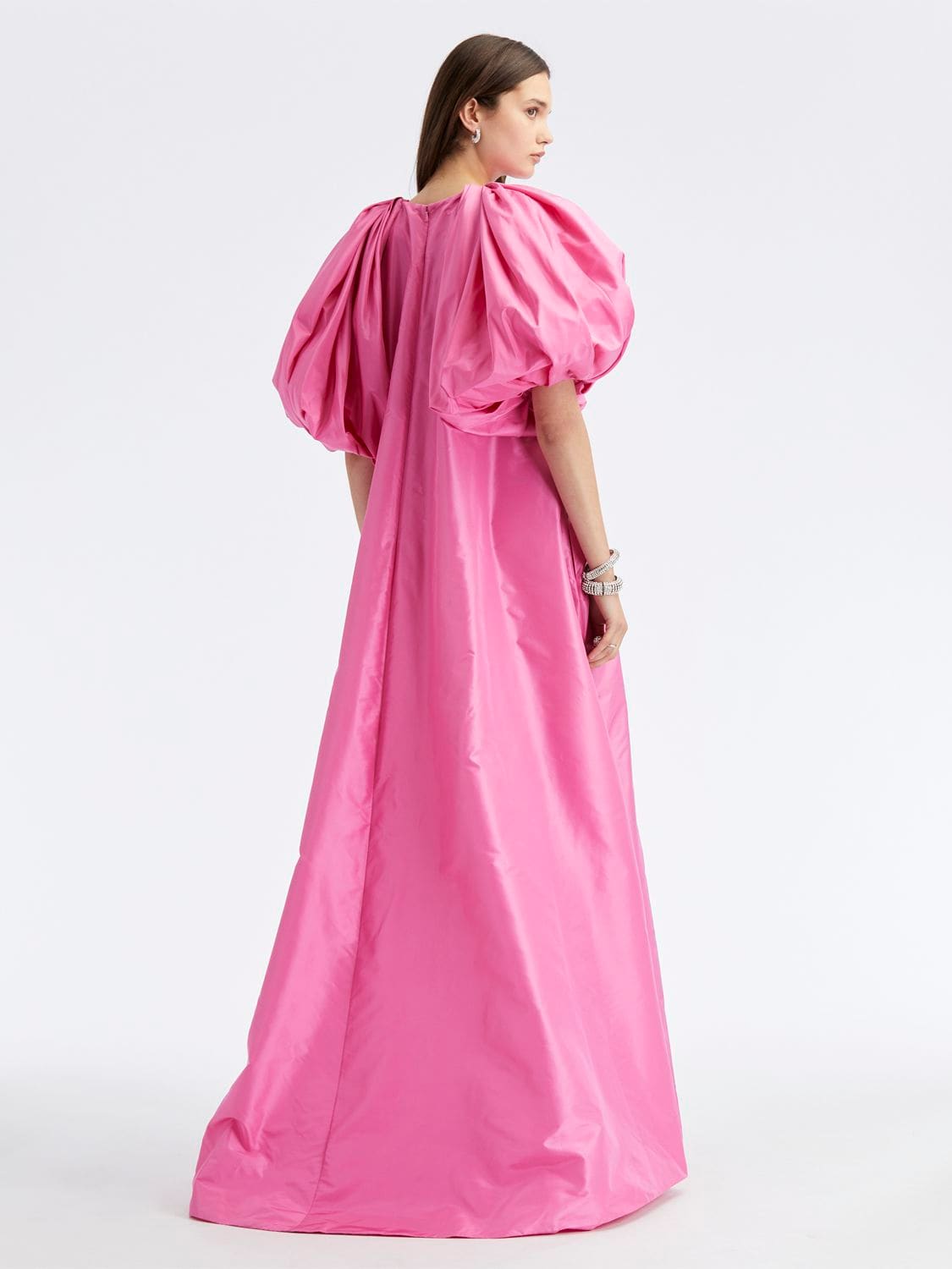 Shop Oscar De La Renta Puff Sleeve Taffeta Maxi Dress W/ Bow In Pink