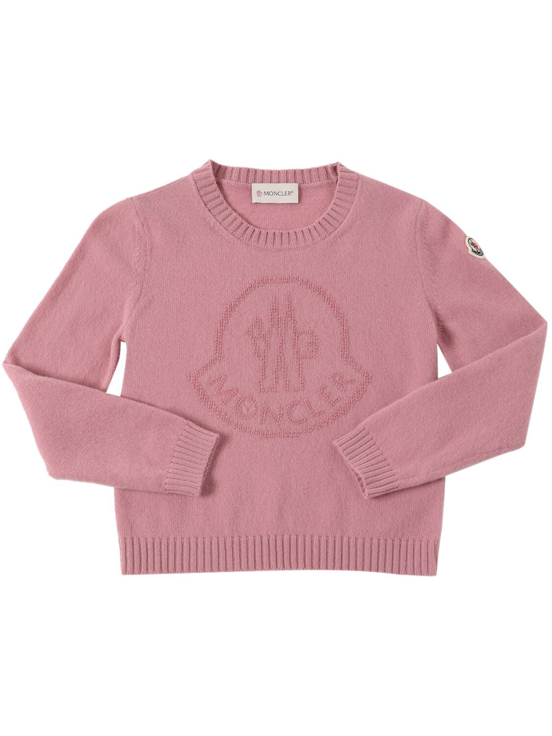 Shop Moncler Logo Carded Wool Sweater In Bright Pink