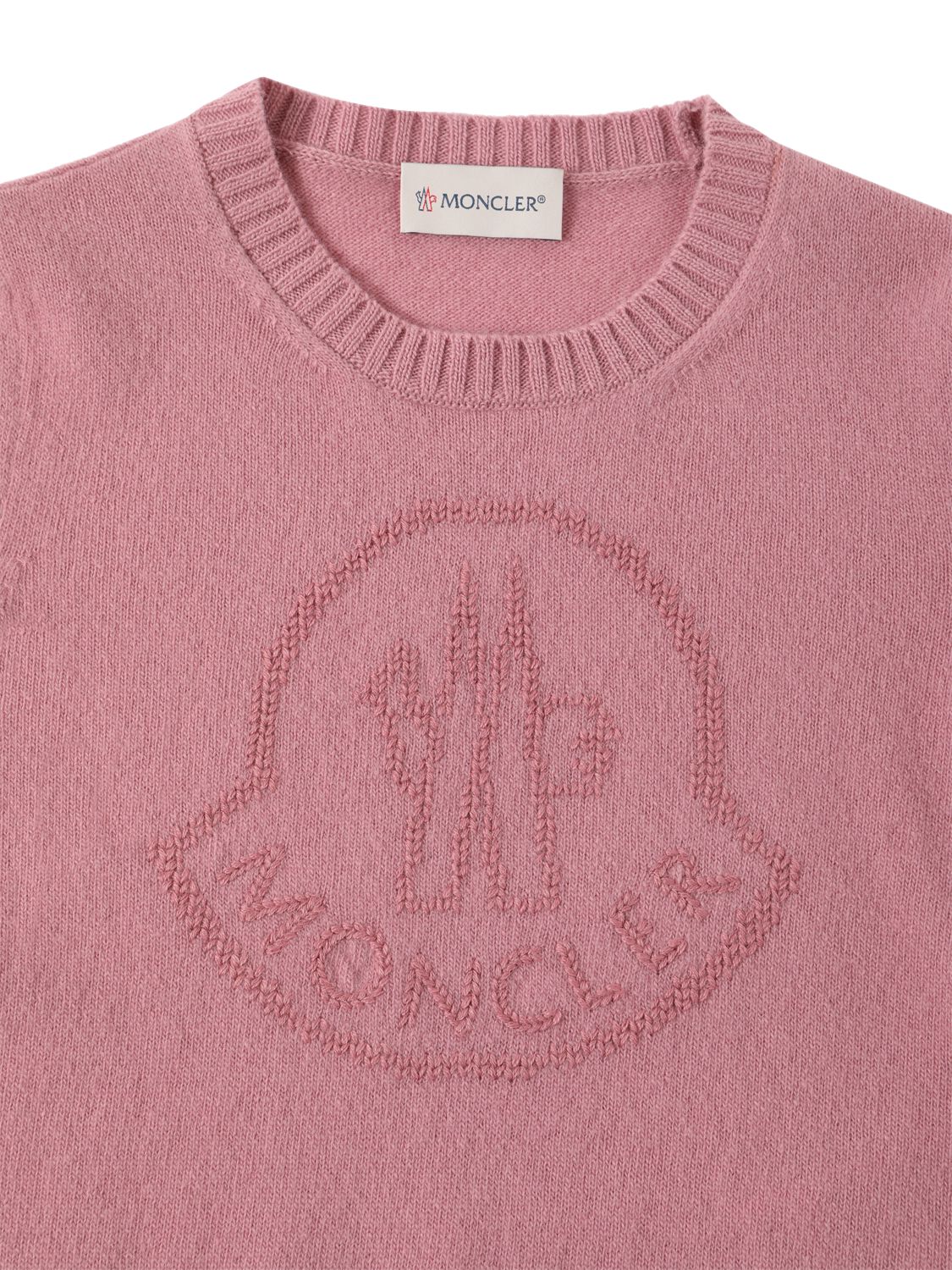 Shop Moncler Logo Carded Wool Sweater In Bright Pink