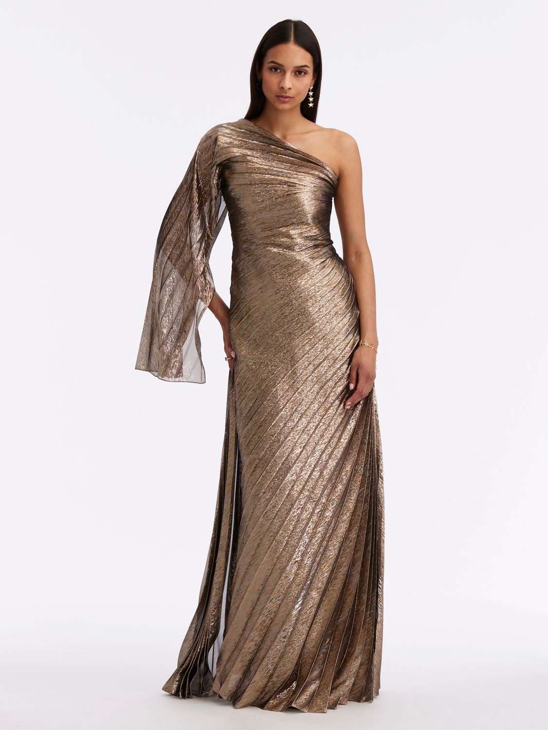 Image of Pleated Lamé One Shoulder Gown