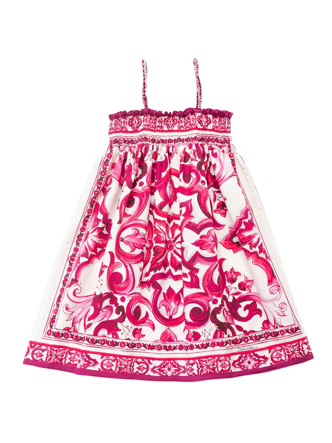 Dolce & Gabbana Kids' Majolica Print Cotton Poplin Dress In Fuchsia