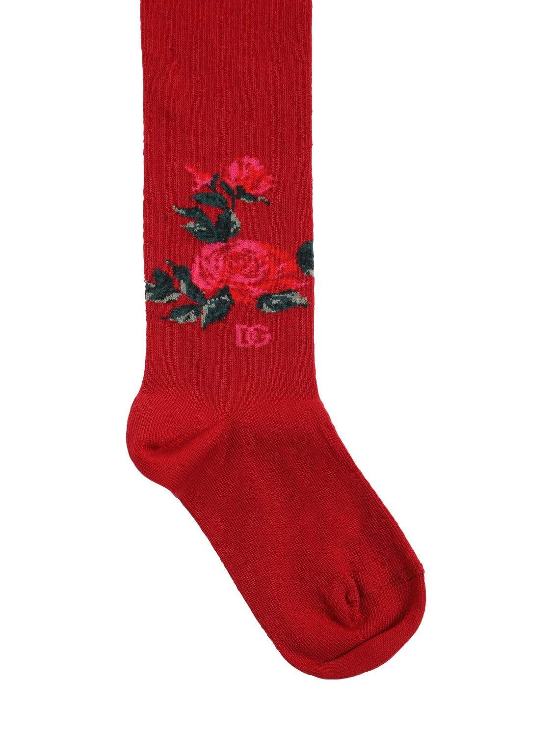 Shop Dolce & Gabbana Logo Cotton Rib Knit Tights In Red