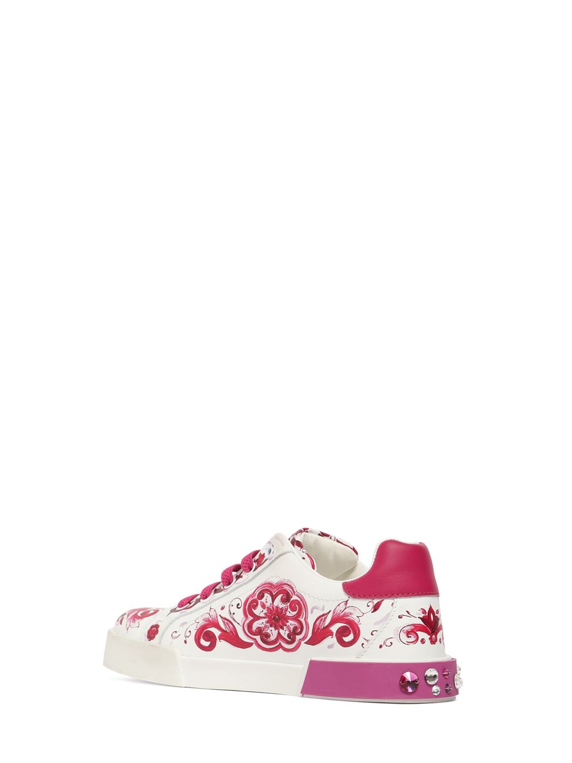 Shop Dolce & Gabbana Logo Print Leather Lace-up Sneakers In White,fuchsia
