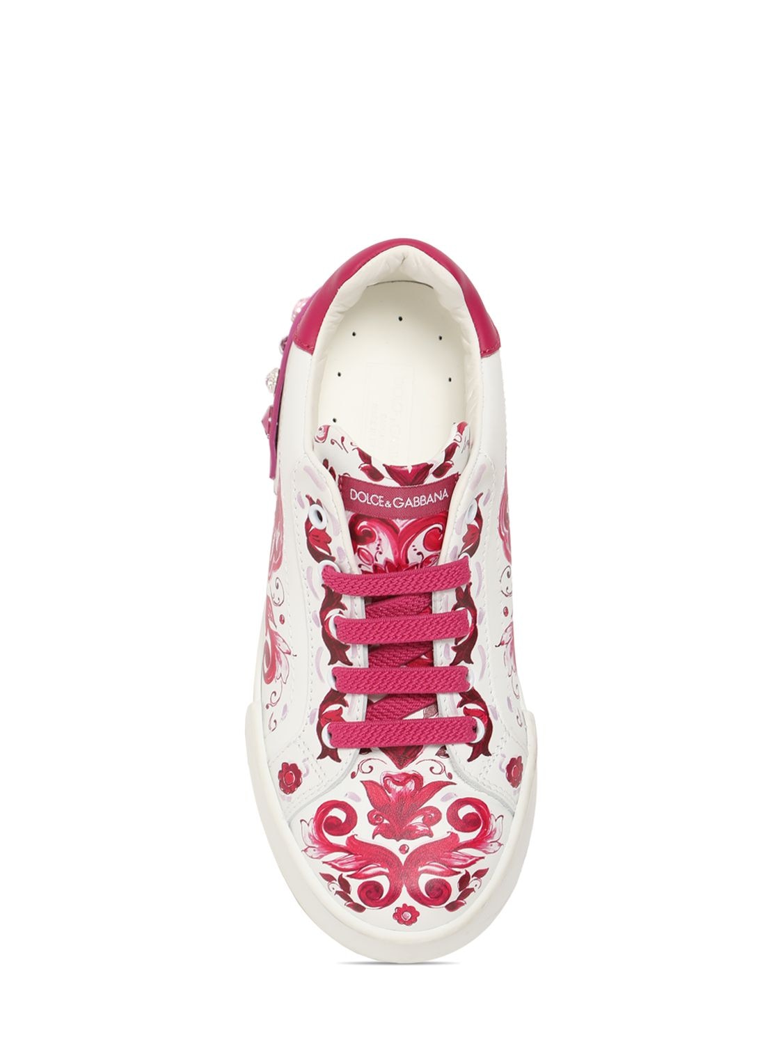 Shop Dolce & Gabbana Logo Print Leather Lace-up Sneakers In White,fuchsia