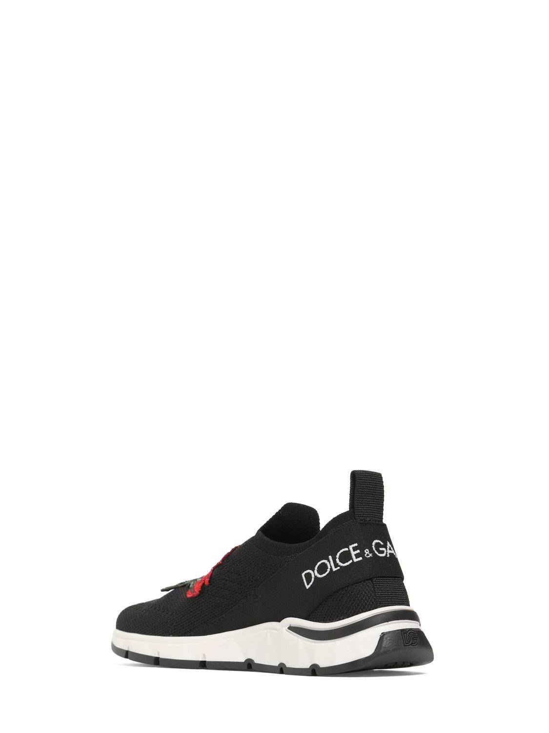 Shop Dolce & Gabbana Rose Knit Slip-on Sneakers W/logo In Black