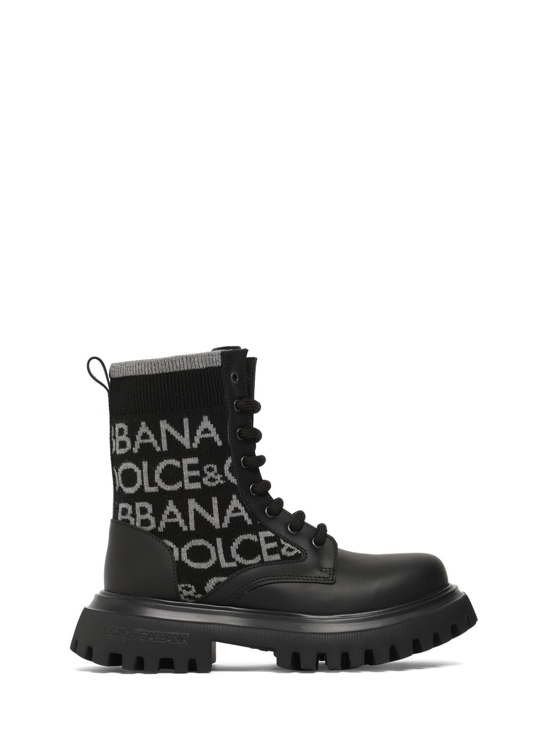 Dolce & Gabbana Kids' Intarsia Logo Knit & Leather Boots In Black