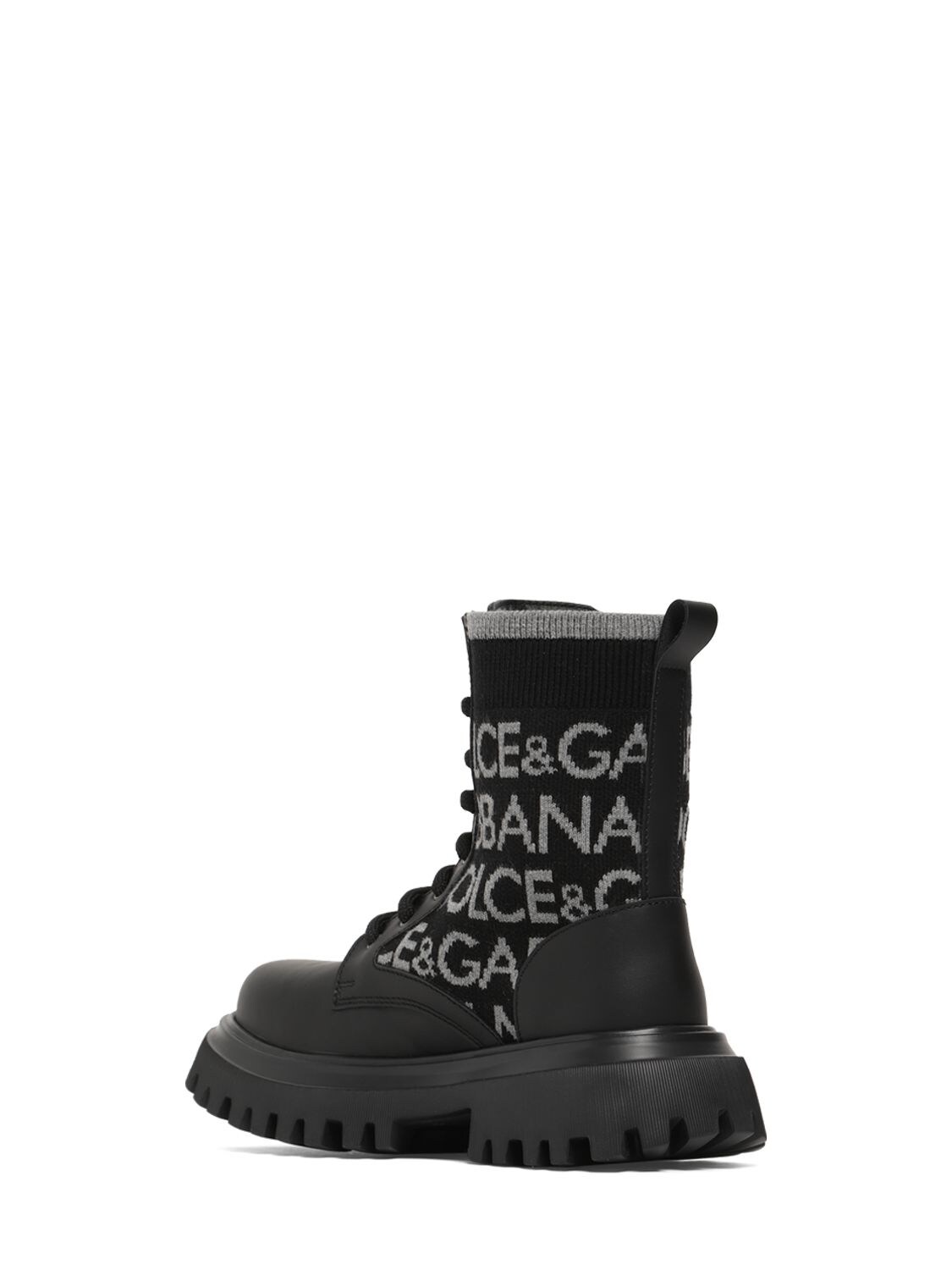 Shop Dolce & Gabbana Intarsia Logo Knit & Leather Boots In Black,grey