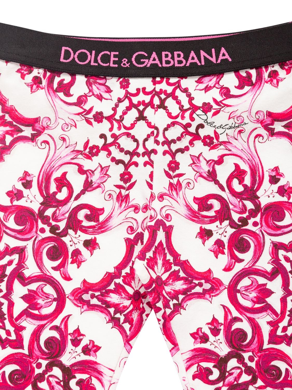 Shop Dolce & Gabbana Majolica Print Cotton Leggings W/logo In Fuchsia