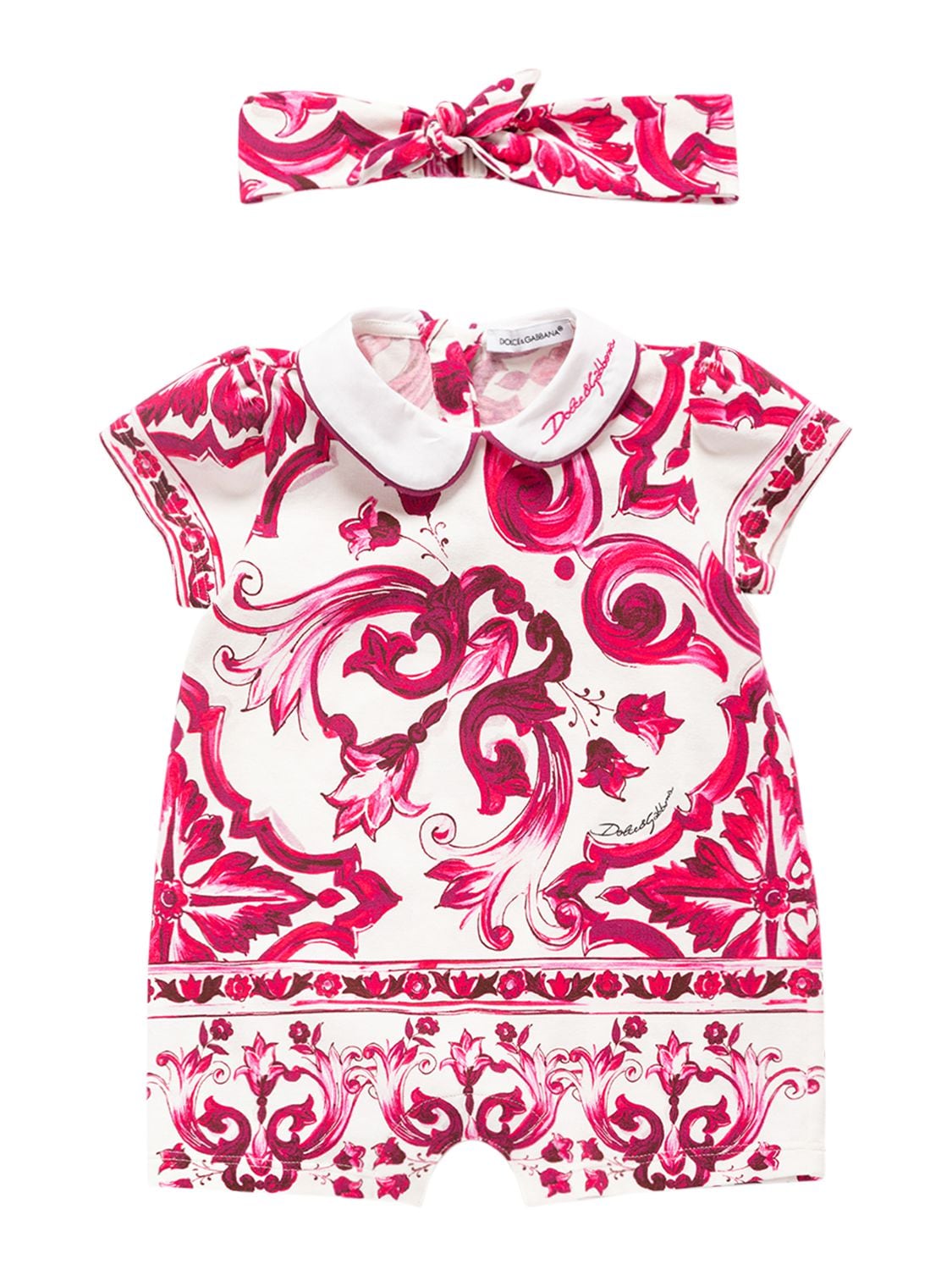 Dolce & Gabbana Babies' Printed Cotton Romper And Headband In Pink