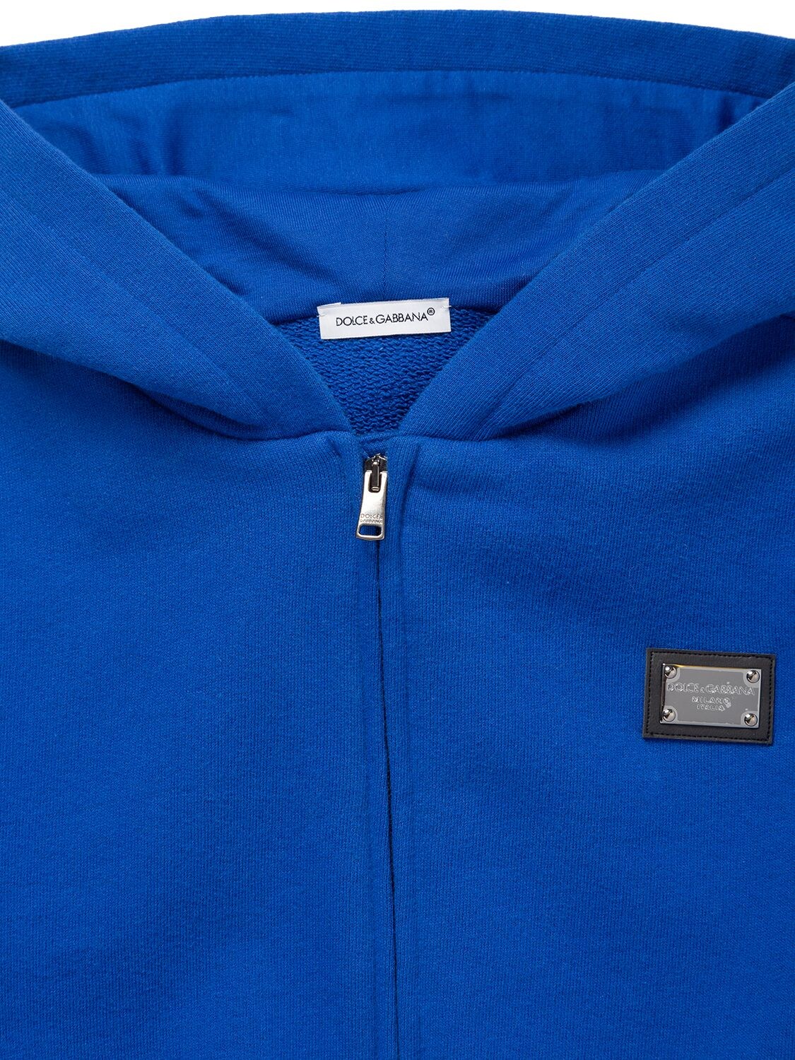 Shop Dolce & Gabbana Metal Logo Cotton Zip-up Hoodie In Blue