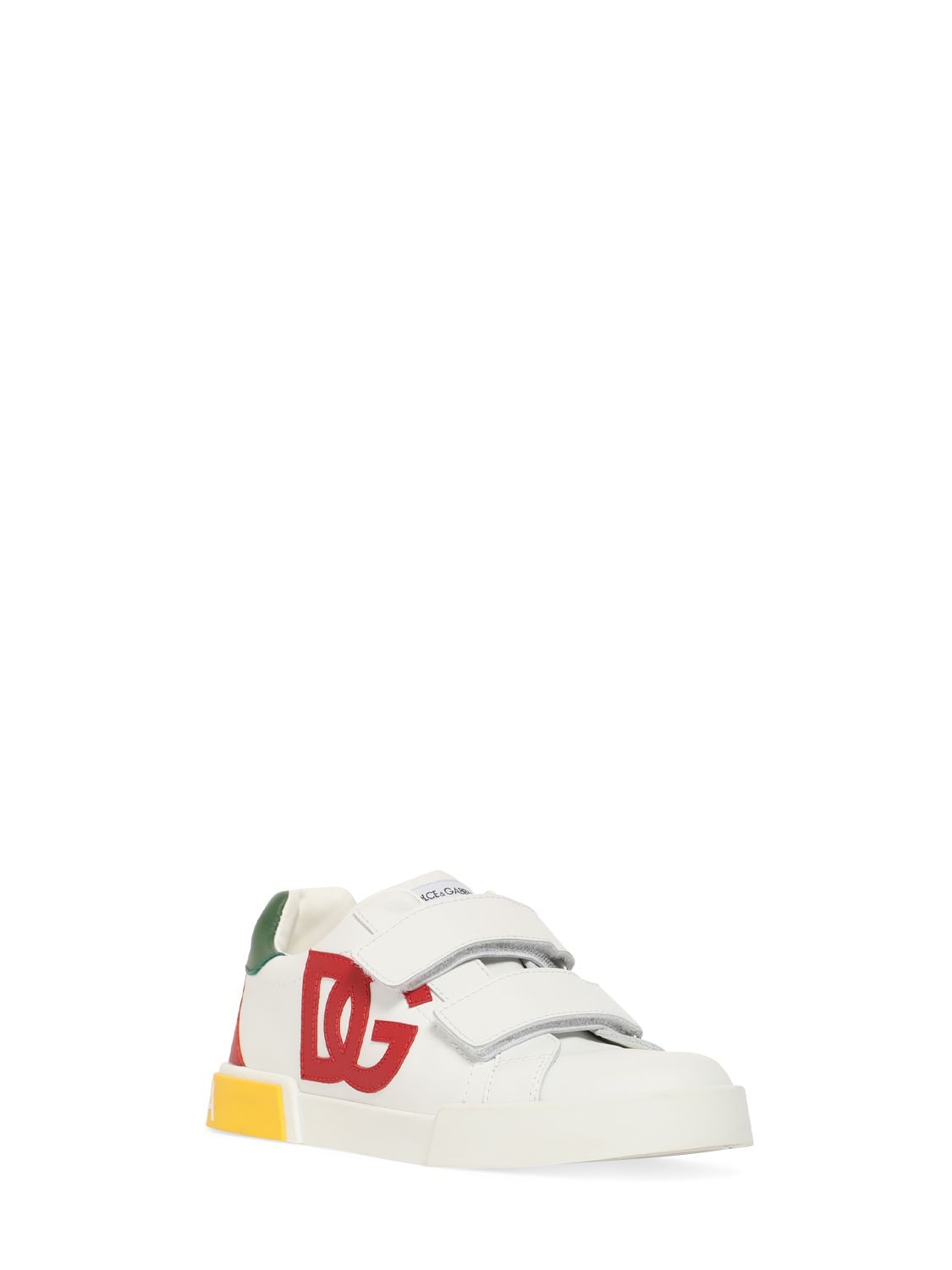 Shop Dolce & Gabbana Logo Print Leather Strap Sneakers In White,multi