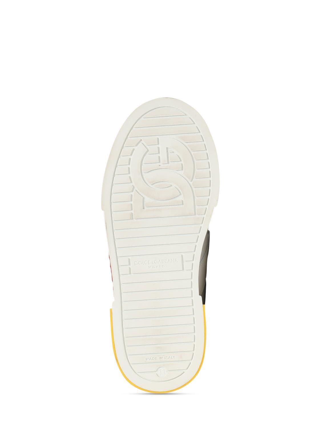 Shop Dolce & Gabbana Logo Print Leather Strap Sneakers In White,multi