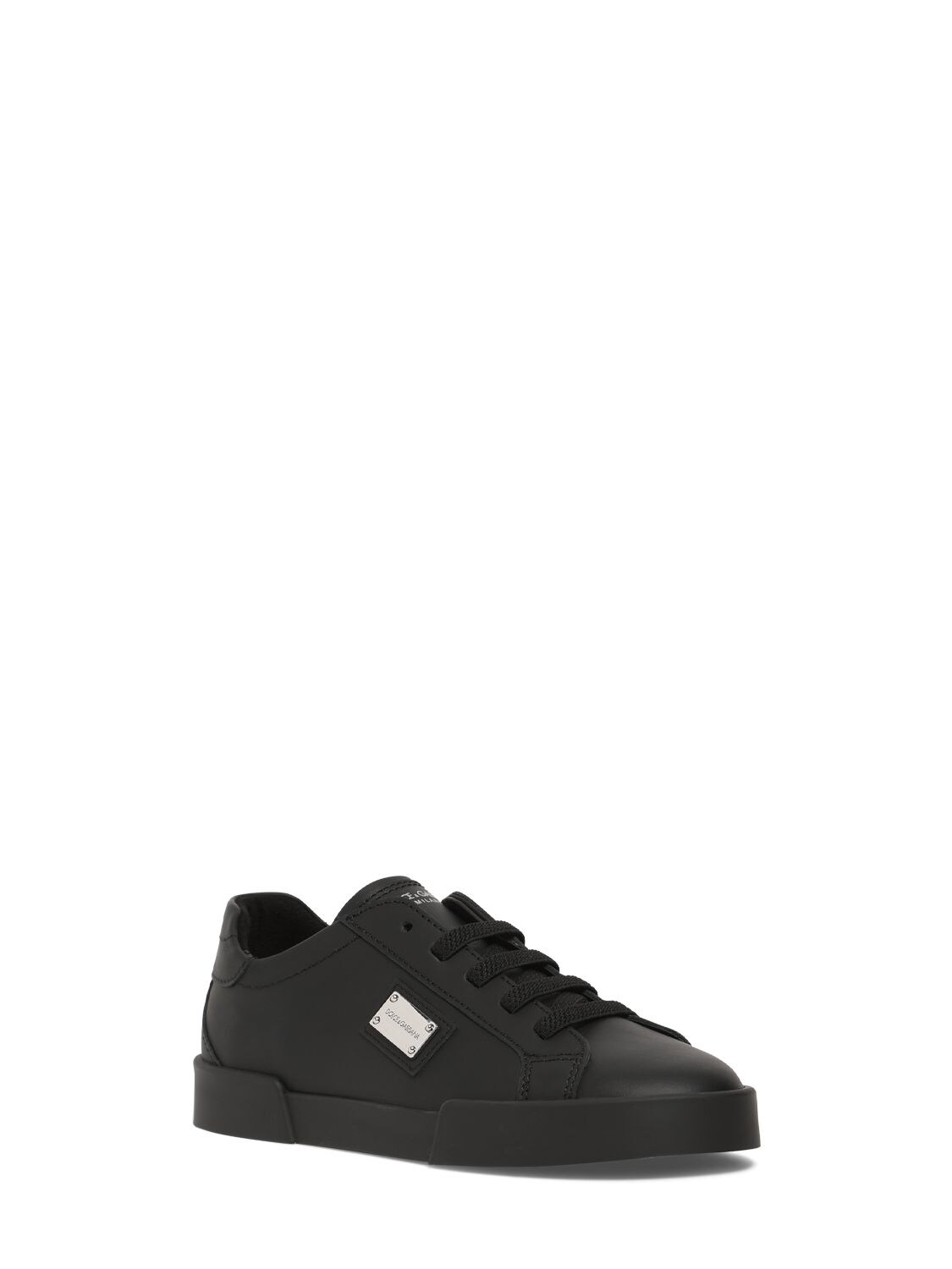 Shop Dolce & Gabbana Metal Logo Leather Lace-up Sneakers In Black