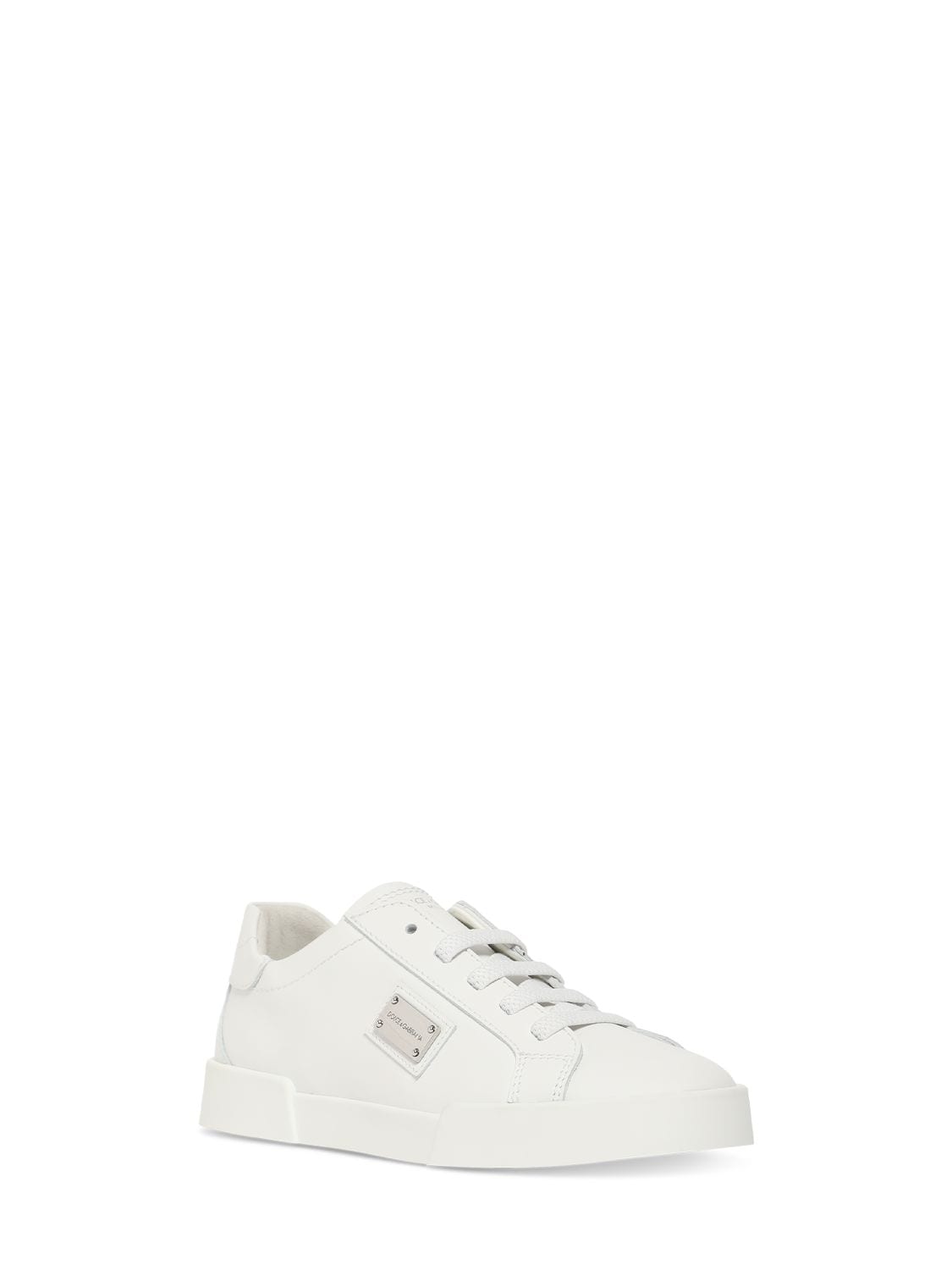 Shop Dolce & Gabbana Metal Logo Leather Lace-up Sneakers In White