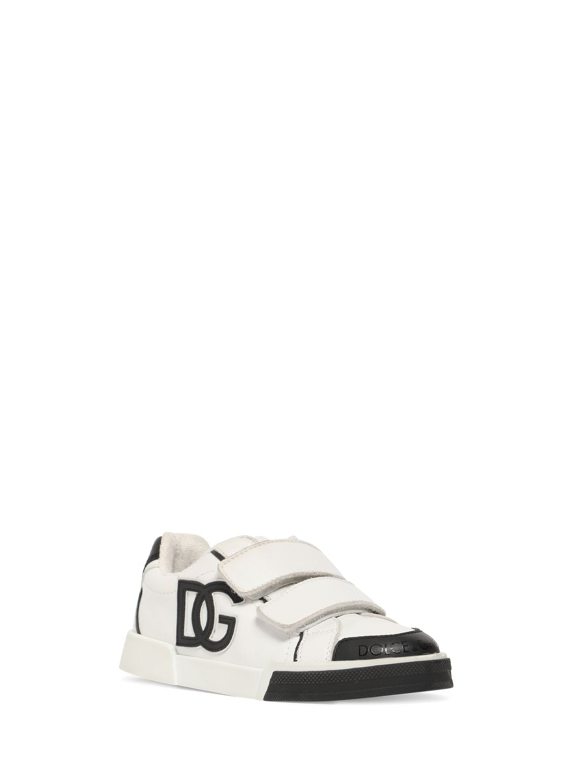 Shop Dolce & Gabbana Logo Print Leather Strap Sneakers In White,black