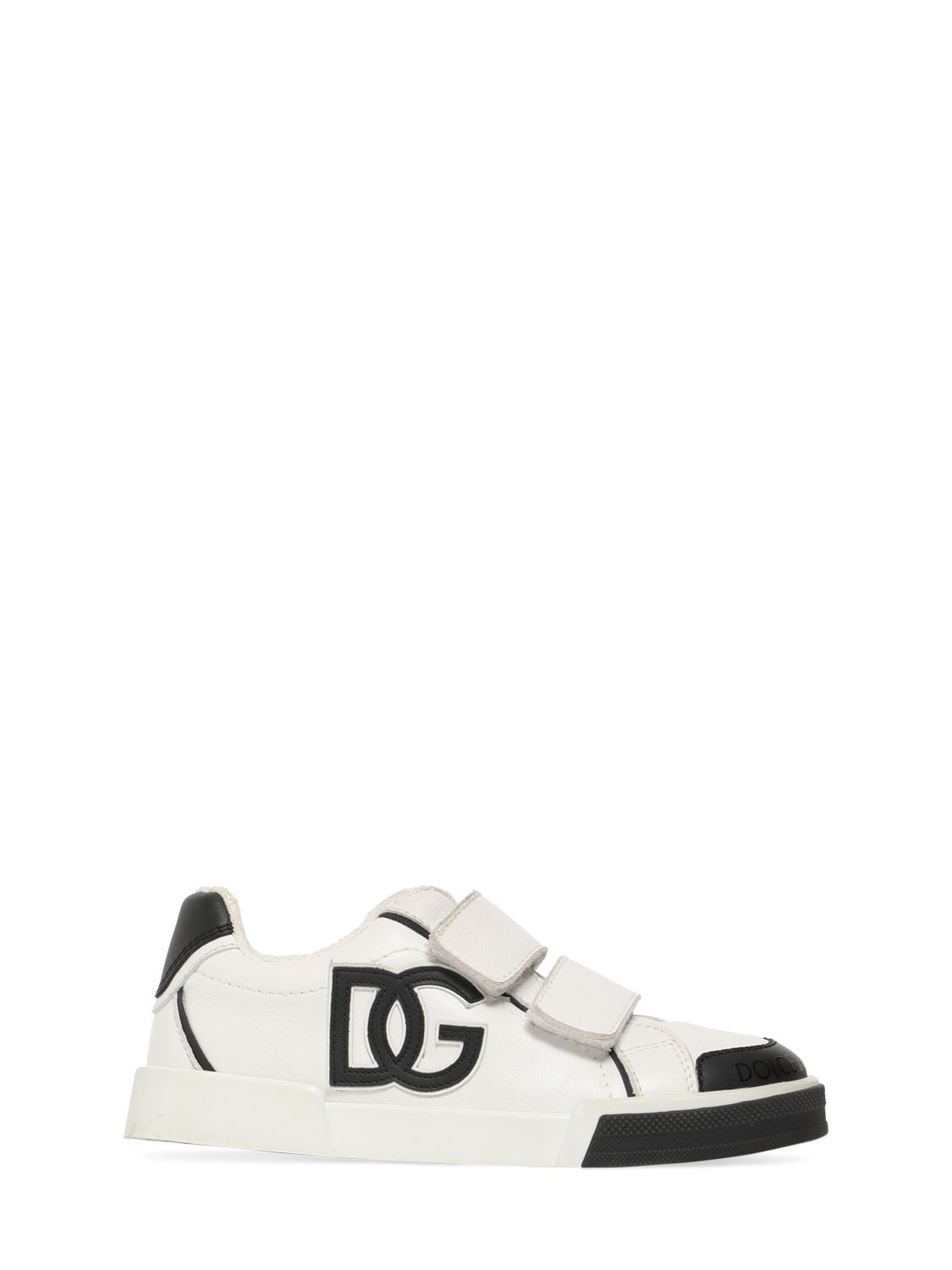 Dolce & Gabbana Kids' Logo Print Leather Strap Sneakers In White,black