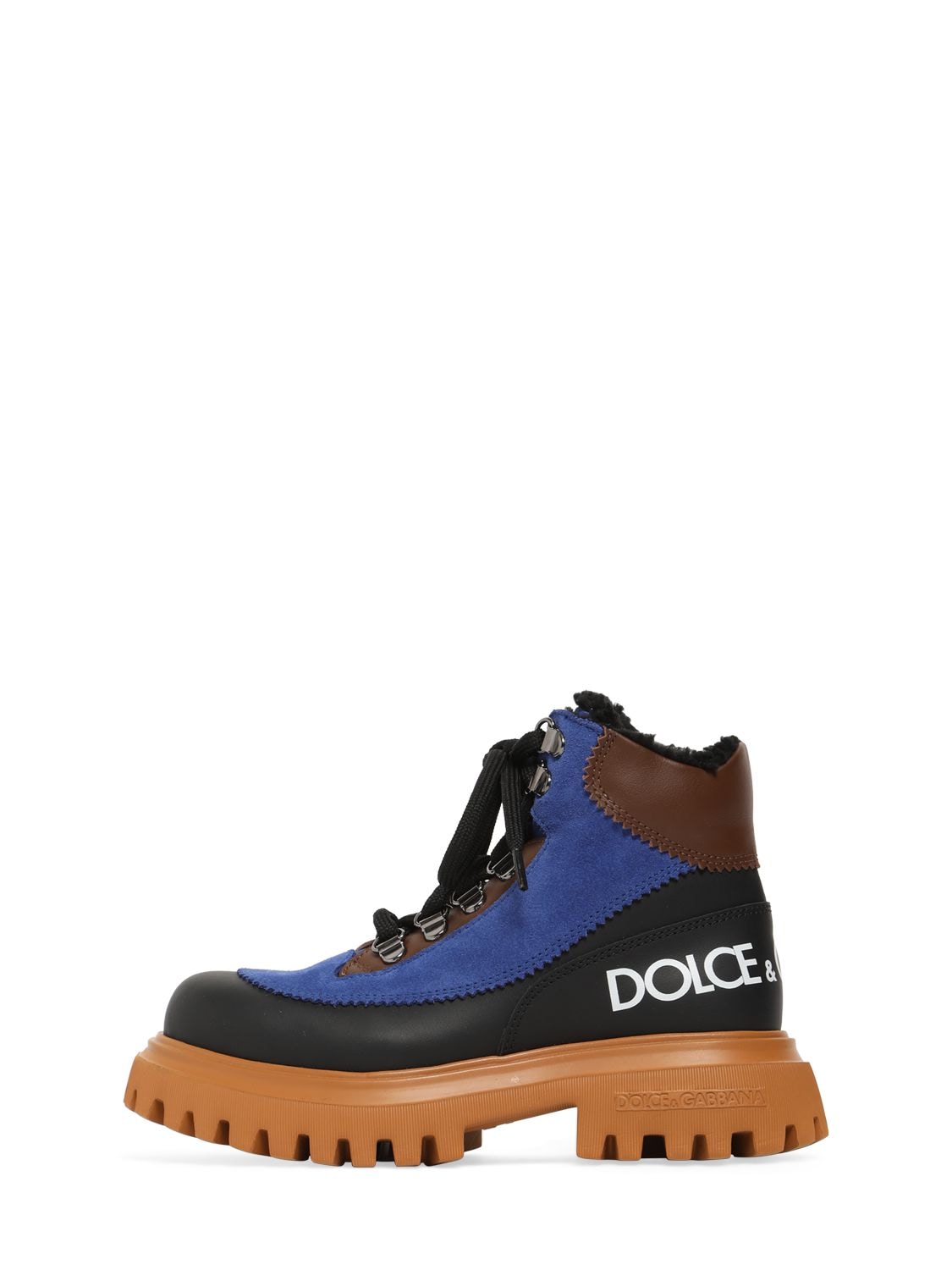 Dolce & Gabbana Kids' Color Block Leather Hiking Boots W/ Logo In Blue