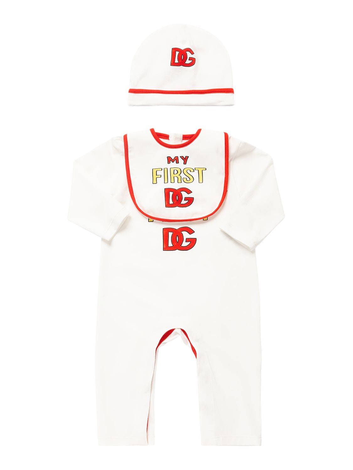 Dolce & Gabbana Babies' Printed Cotton Jersey Romper, Bib & Hat In White