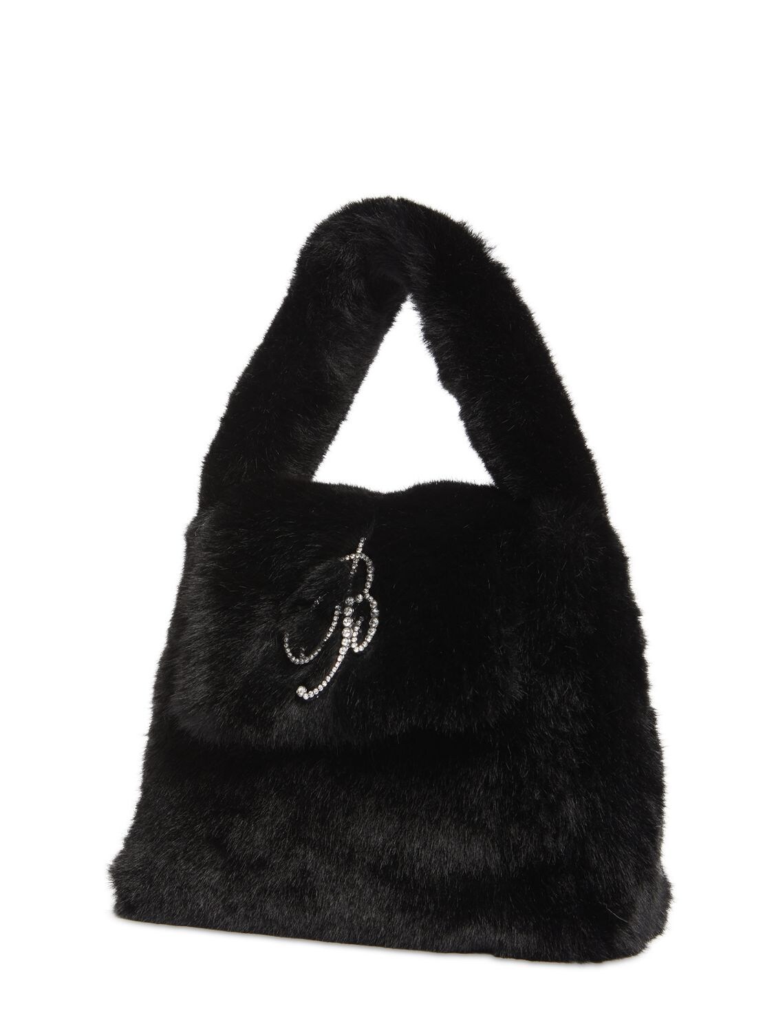 Shop Blumarine Logo Faux Fur Top Handle Bag In Black