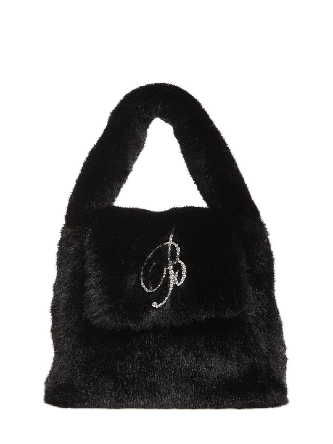 Blumarine Logo Faux Fur Top Handle Bag In Black