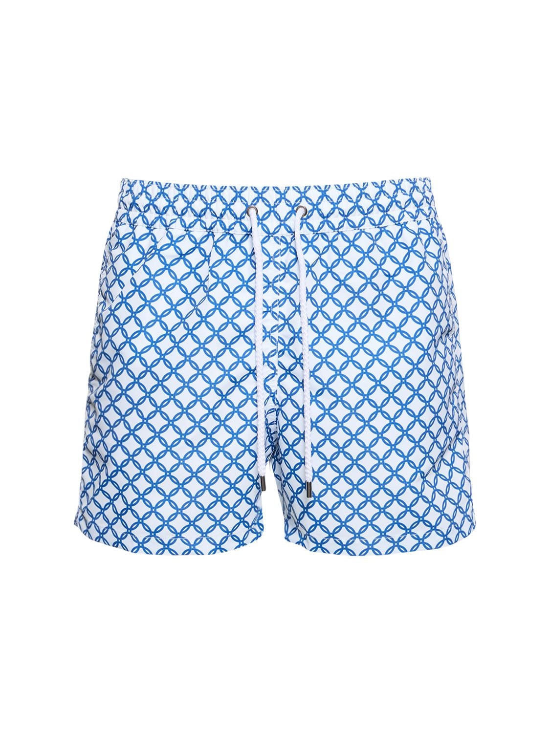 Frescobol Carioca Trelica Print Tech Swim Shorts In White,blue