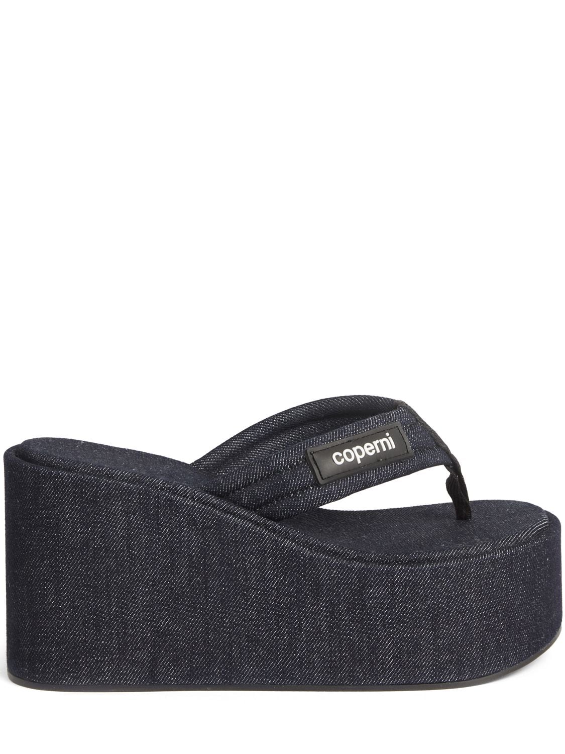 Shop Coperni 105mm Denim Branded Cotton Wedge Sandal In Navy
