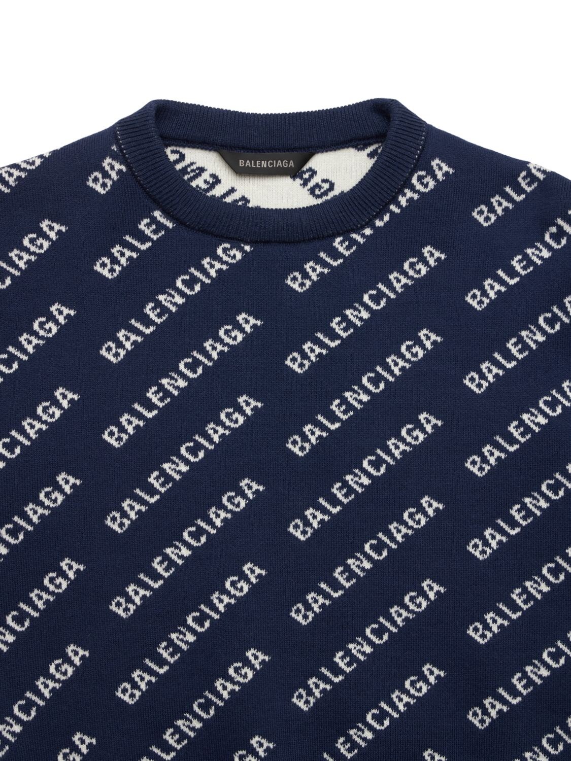 Shop Balenciaga Logo Cotton Blend Crewneck Sweater In 네이비,화이트