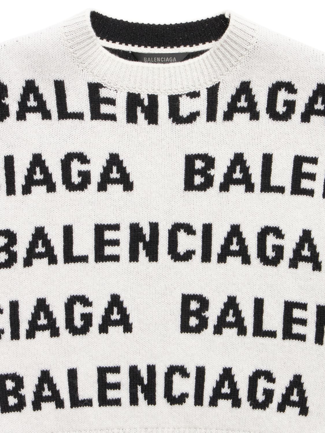 Shop Balenciaga All-over Logo Wool Crewneck Sweater In White,black