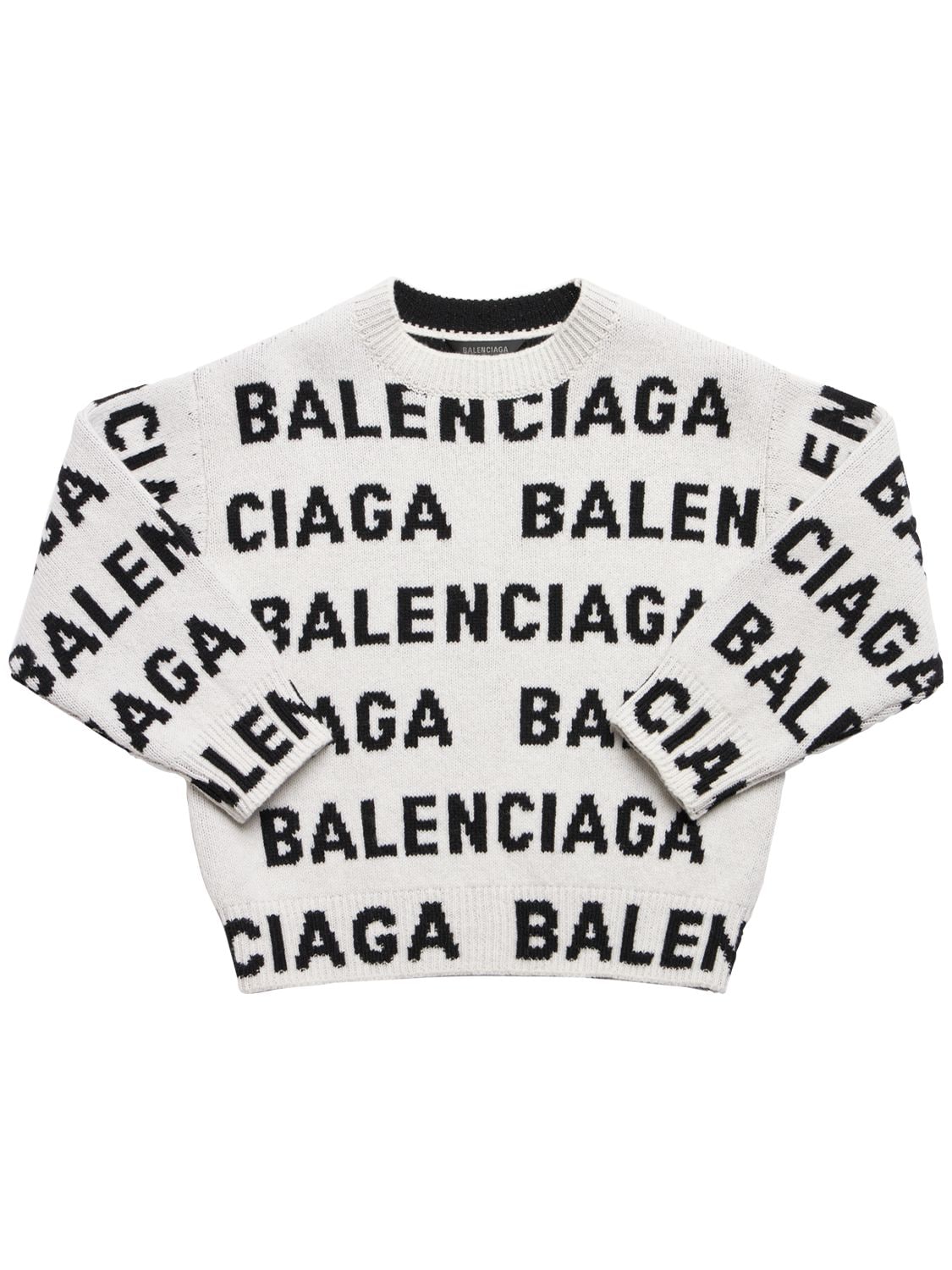 Balenciaga Kids' All-over Logo Wool Crewneck Jumper In White,black