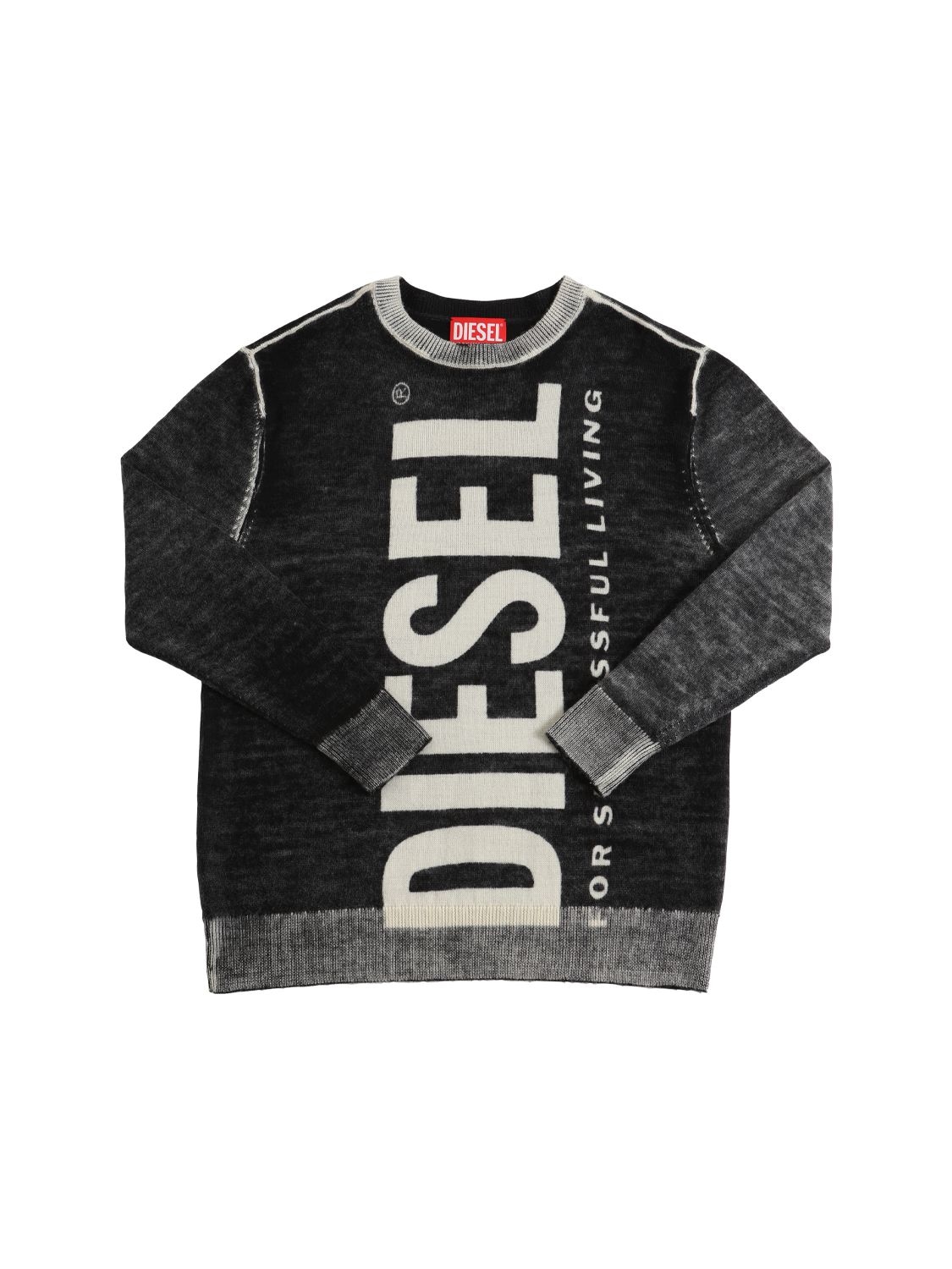 Diesel Kids' Washed Wool Knit Sweater W/logo In Black