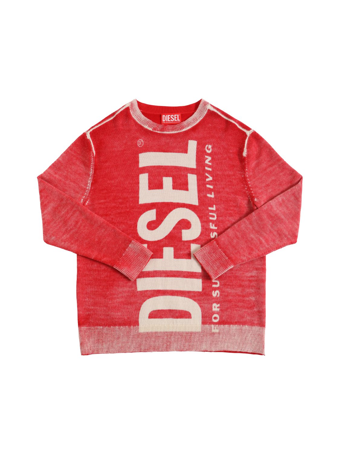 Diesel Kids' Washed Wool Knit Sweater W/logo In Red