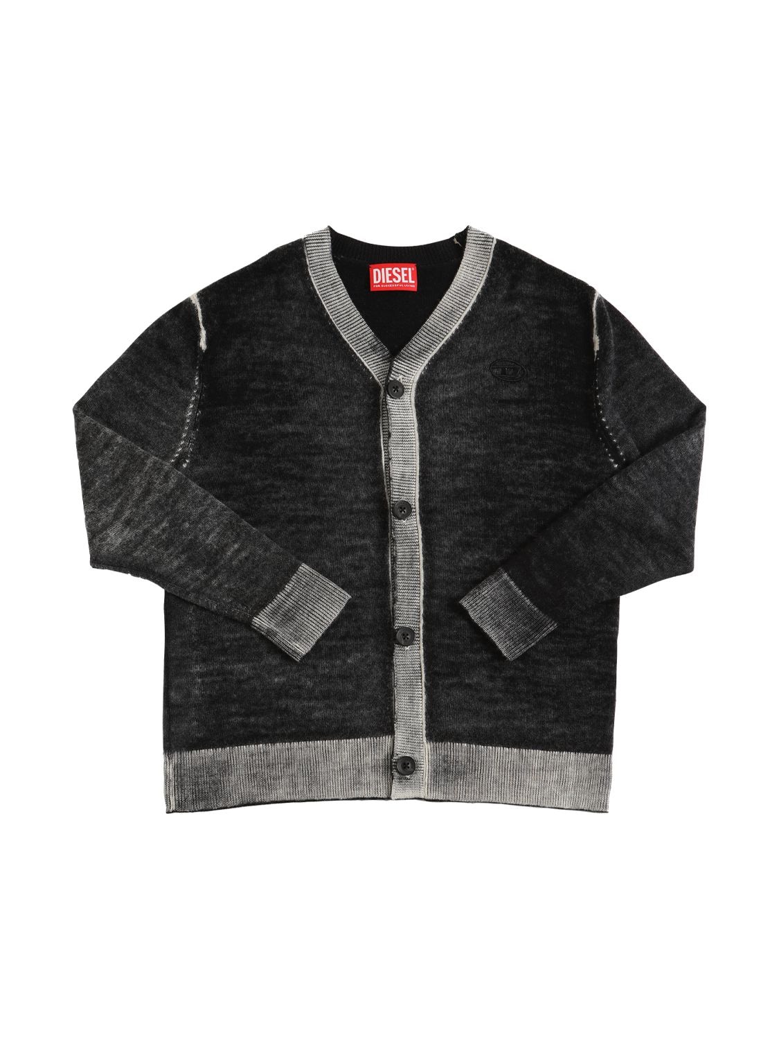 Diesel Kids' Washed Wool Knit Cardigan W/logo In Black