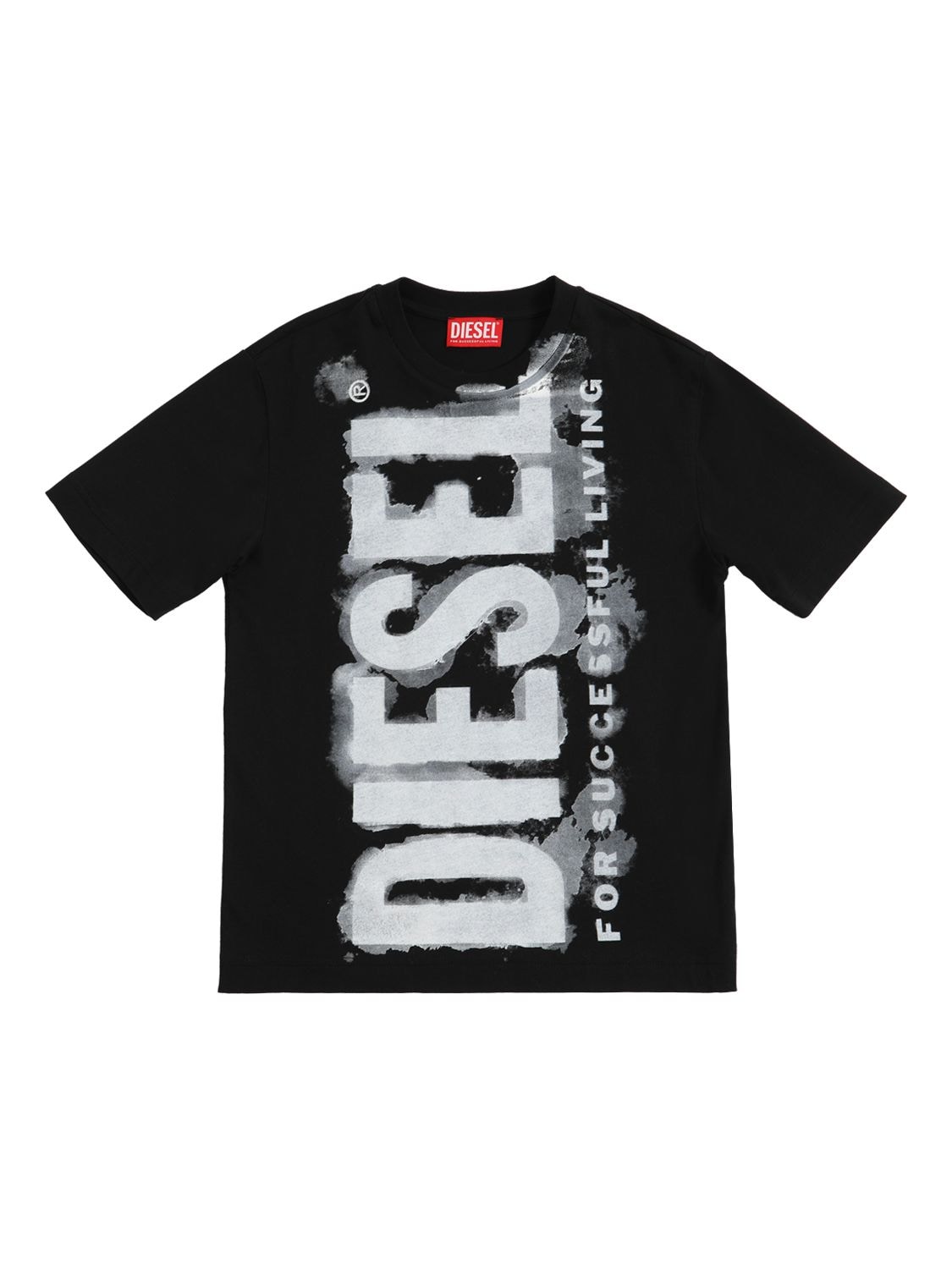 Diesel Kids' 洗水logo印花棉质平纹针织t恤 In Black