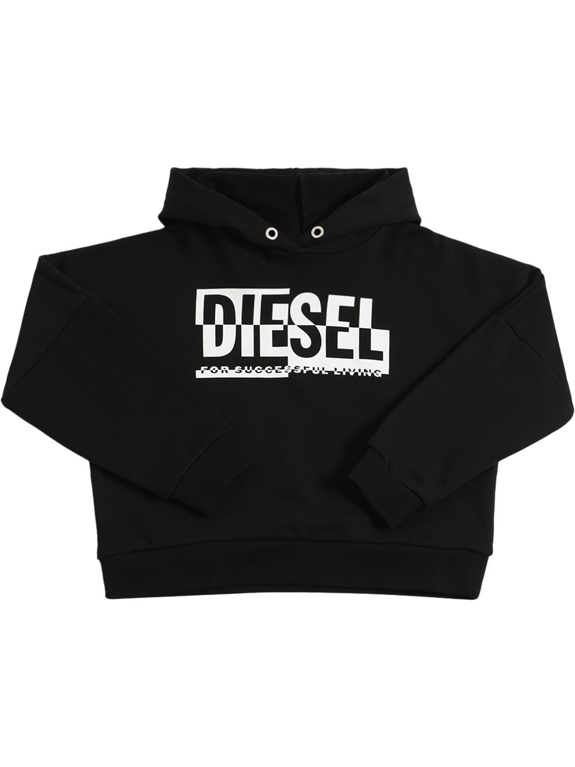 Diesel Kids' Rubberized Logo Cropped Cotton Hoodie In Black