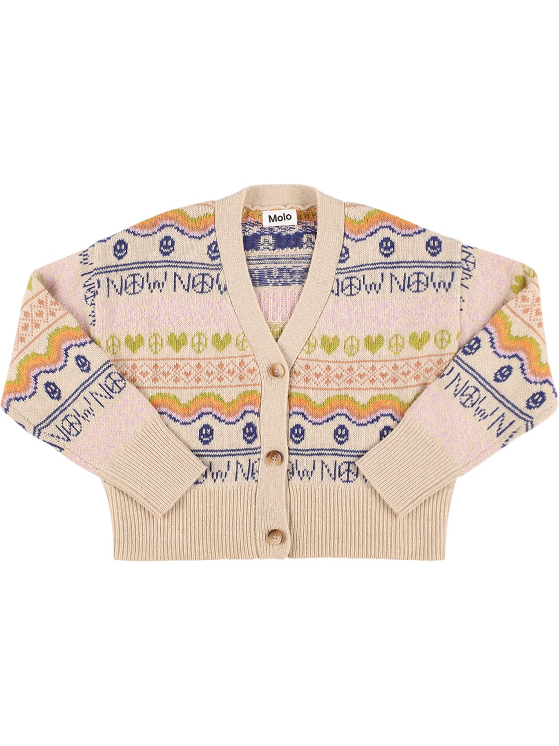 Molo Gilly Contrast Logo-pattern Wool-blend Cardigan 3-10 Years In Multicolor