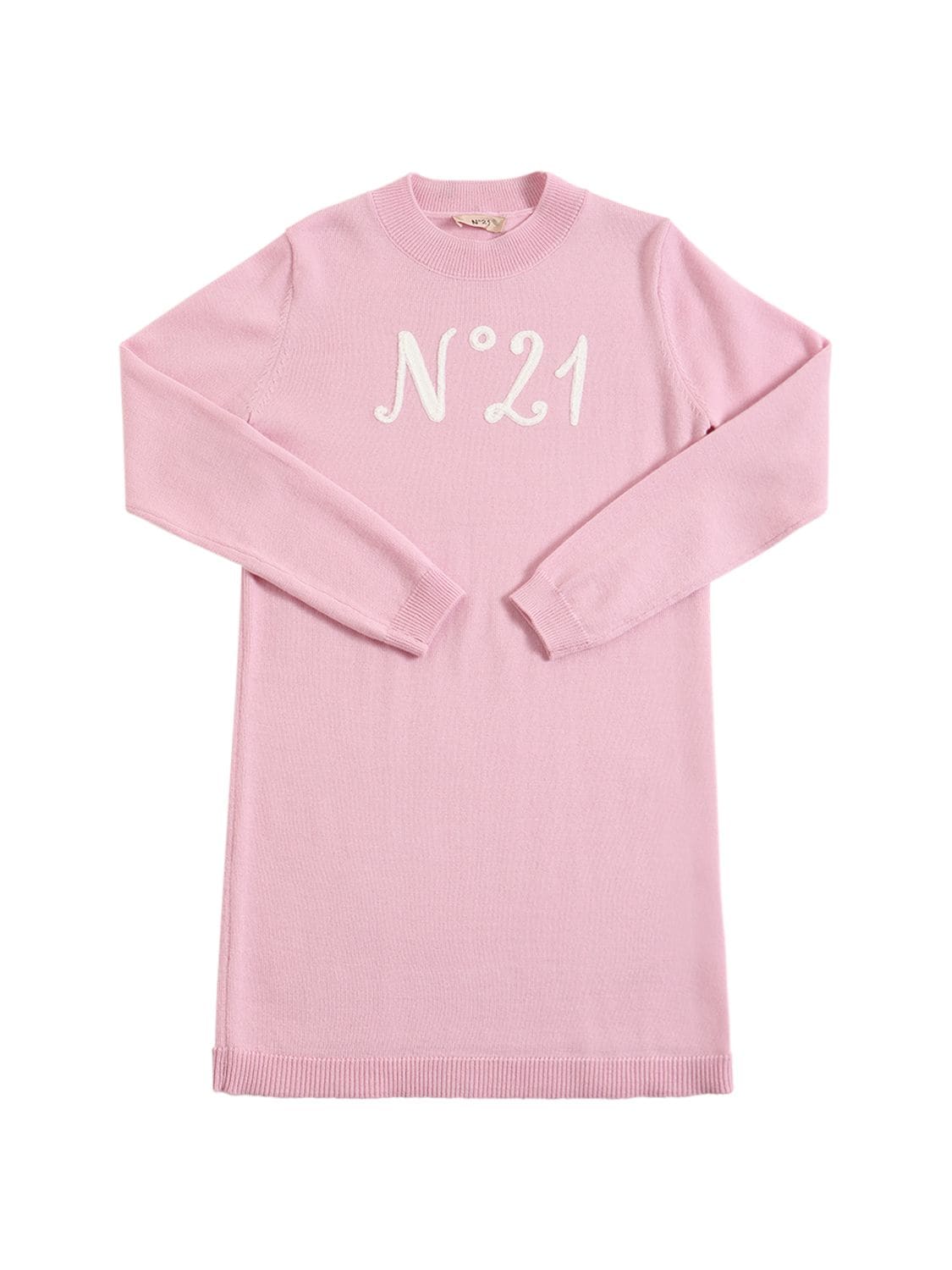 N°21 Kids' Logo嵌花羊毛混纺针织连衣裙 In Pink